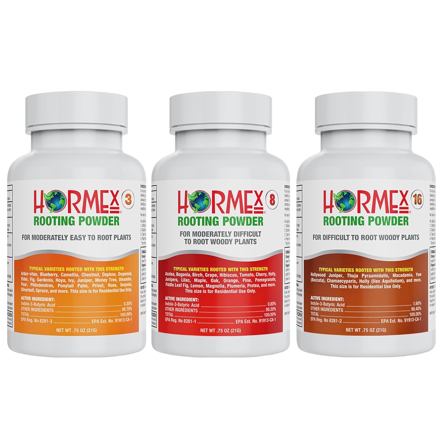 Hormex Rooting Powder Combo #3, 8, 16 (0.30-1.6 IBA) - Rooting Hormone for Common Home Garden Plants to Very Difficult Hardwood, Medicinal and Tree Cuttings - Root Stimulator for Plant Cloning