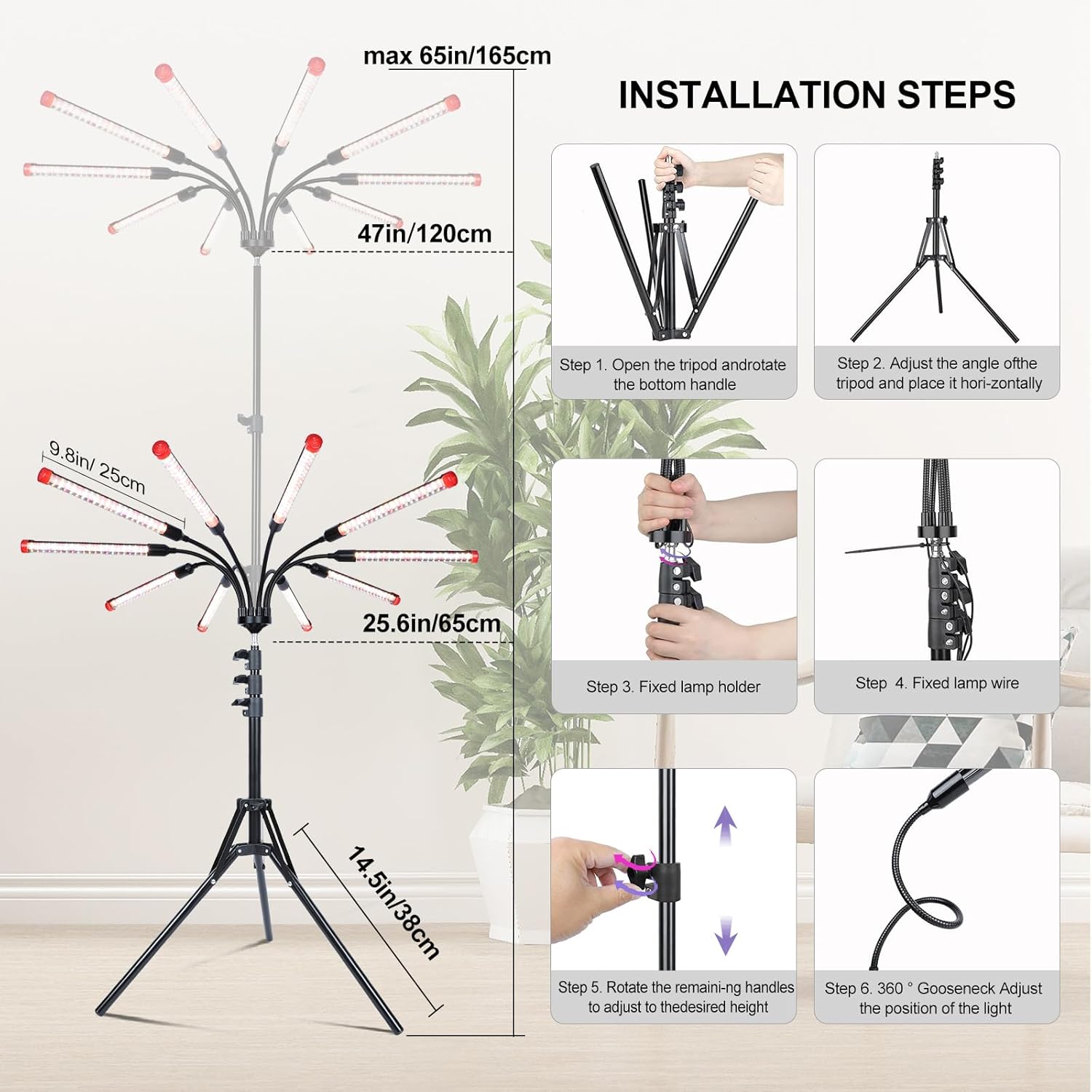 10Head Grow Lights for Indoor Plants, Seed Starting, Vegetables, Bonsai with Tripod Stand and Auto On/Off Timer 4/8/12H, 90W Power Full Spectrum Standing LED Plant Growing Lamps, 360° Gooseneck
