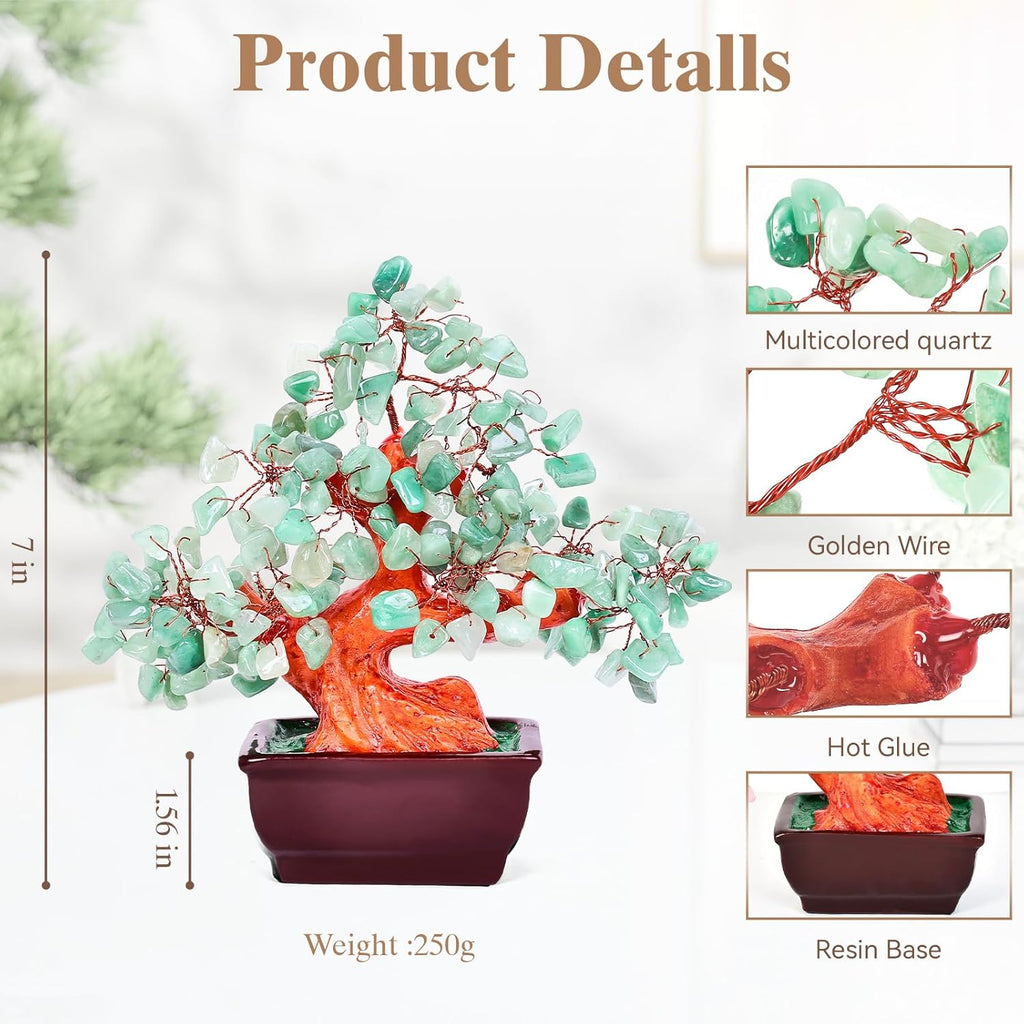 Feng Shui Quartz Crystal Money Tree Bonsai Style Decoration for Luck and Wealth (Green)