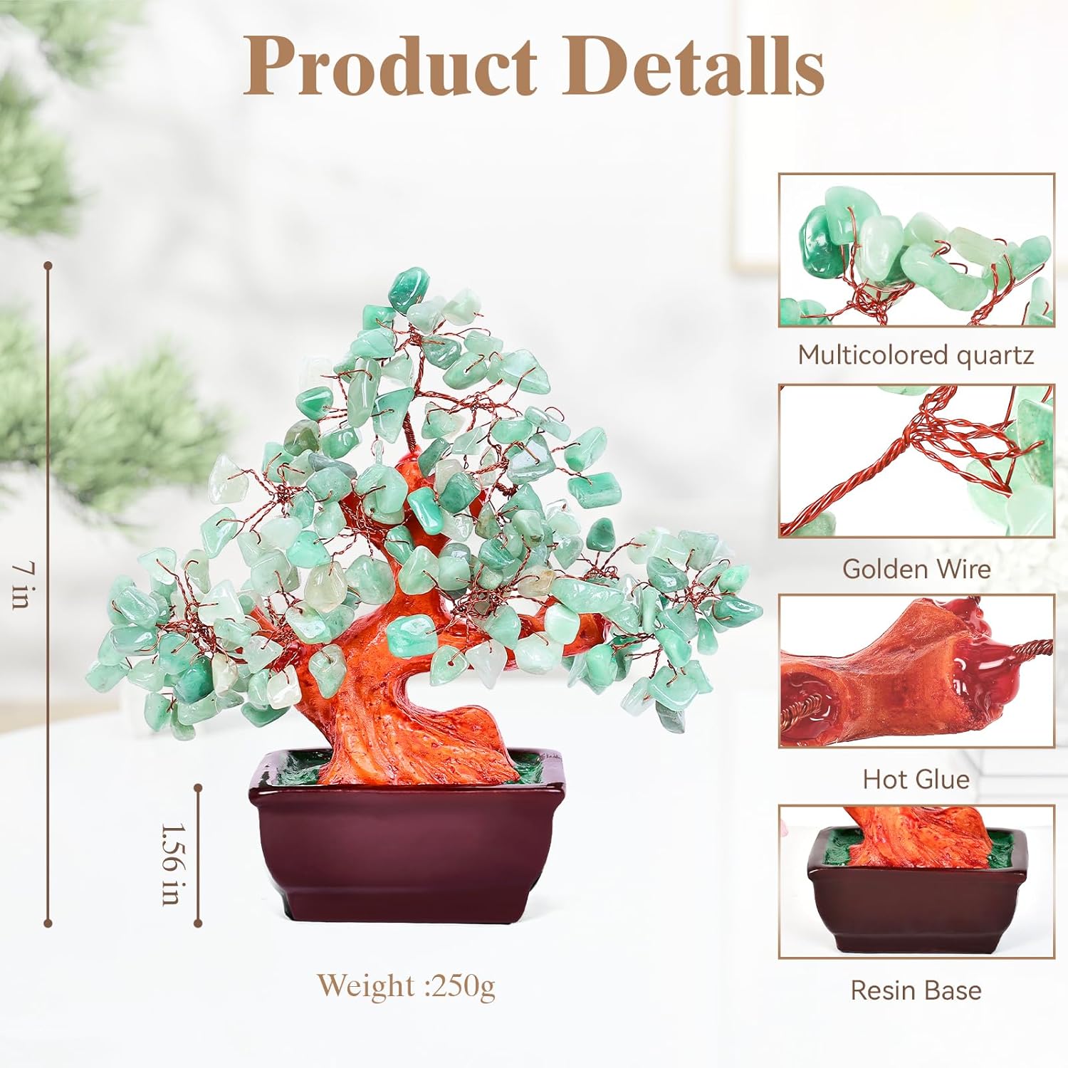 Feng Shui Quartz Crystal Money Tree Bonsai Style Decoration for Luck and Wealth (Green)