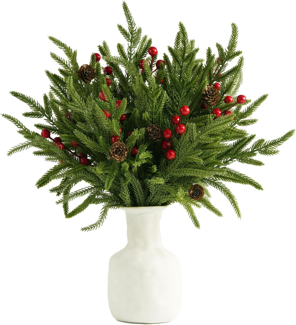 YIYA Christmas Artificial Pine Branches Artificial Norfolk Pine Stems with Red Berry Stems Faux Pine Needles with Pine Cones for Vase Garland Wreath Xmas Decor
