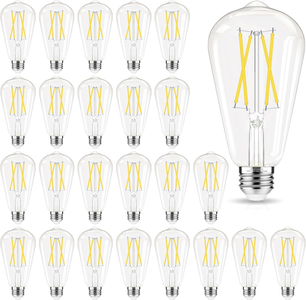Edison Bulbs Dimmable, E26 LED Bulb 60 watt Equivalent, Cool White 4000K, ST58 Vintage Light Bulbs, 90+ CRI, 6W 600LM, E26 Medium Base, Clear Glass, 24 Pack