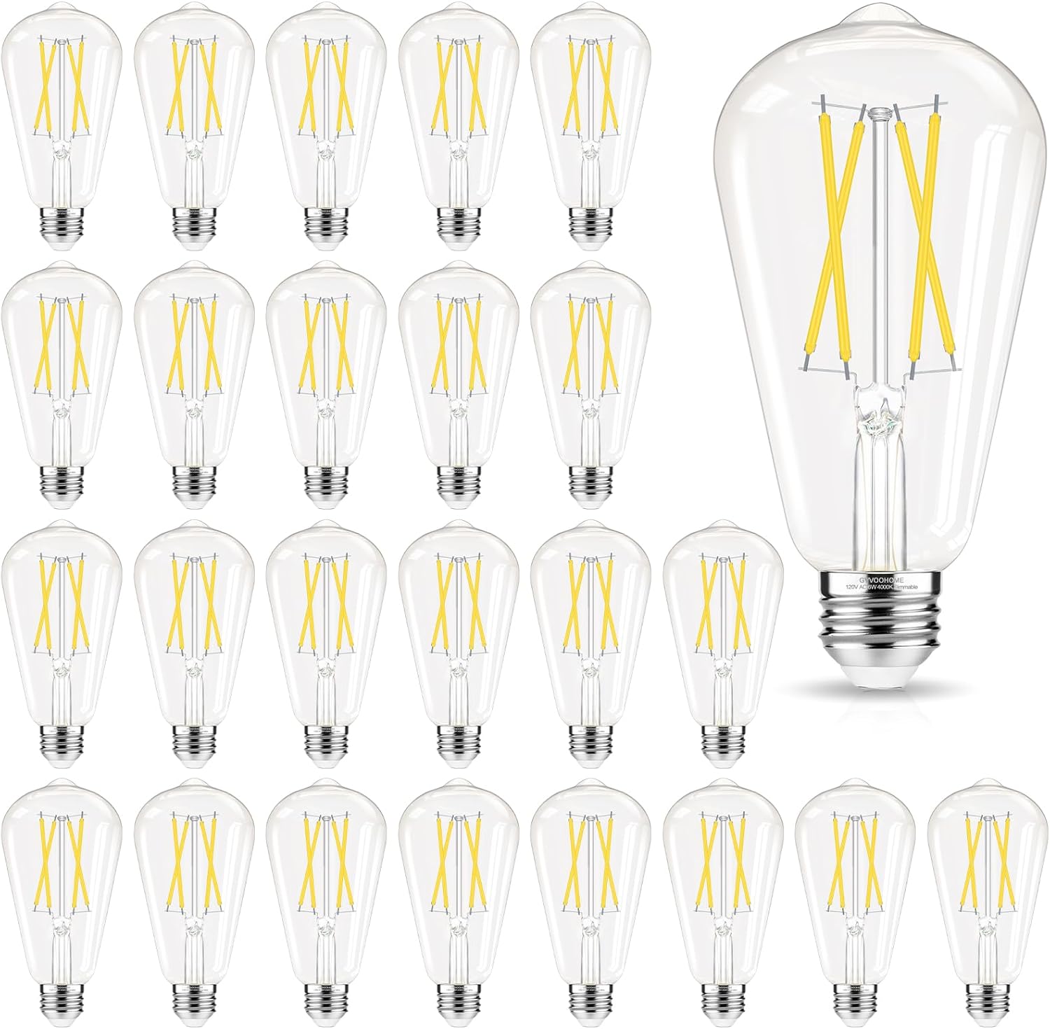 Edison Bulbs Dimmable, E26 LED Bulb 60 watt Equivalent, Cool White 4000K, ST58 Vintage Light Bulbs, 90+ CRI, 6W 600LM, E26 Medium Base, Clear Glass, 24 Pack