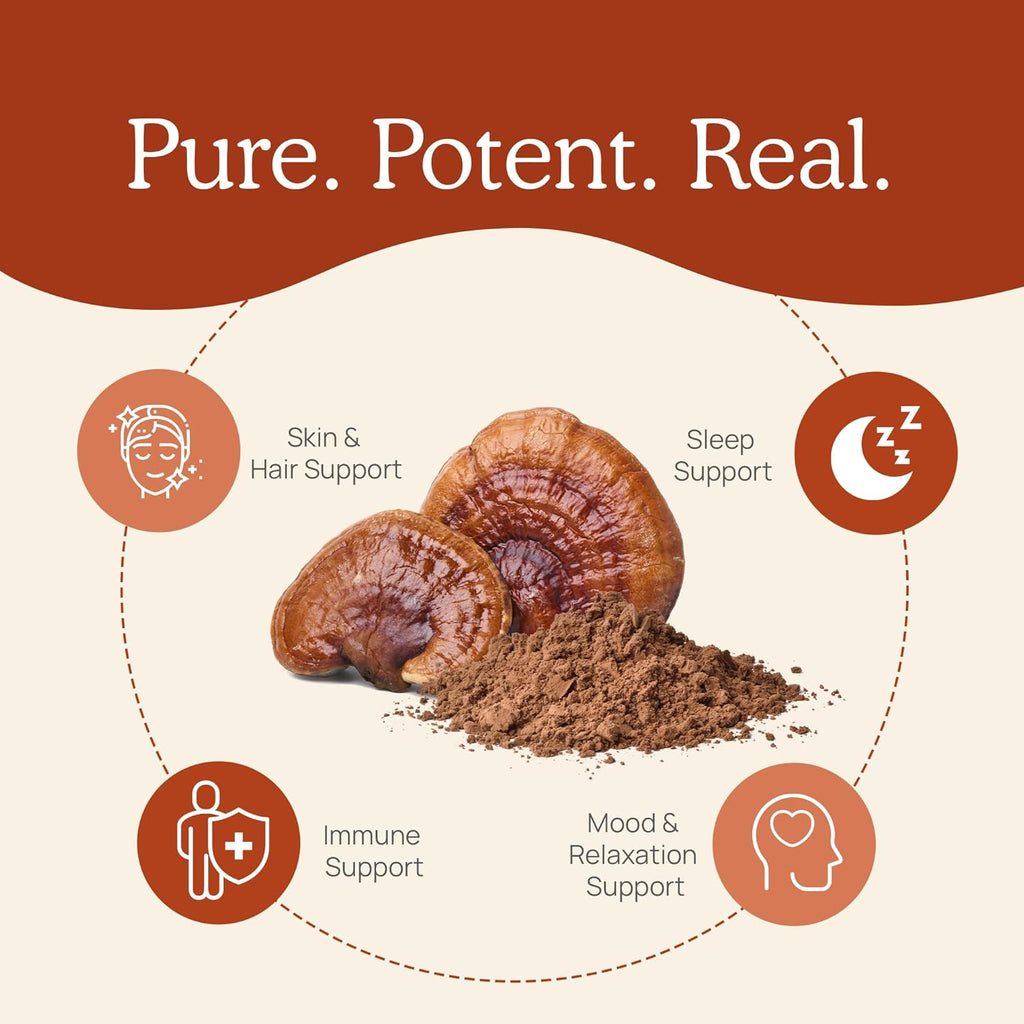 Real Mushrooms Reishi Mushroom Powder - Handpicked Organic Mushroom Extracts - Red Reishi for Tranquil Daily Wellness with Verified Beta Glucans Vegan, Non-GMO, No Grain Fillers, 100 Servings