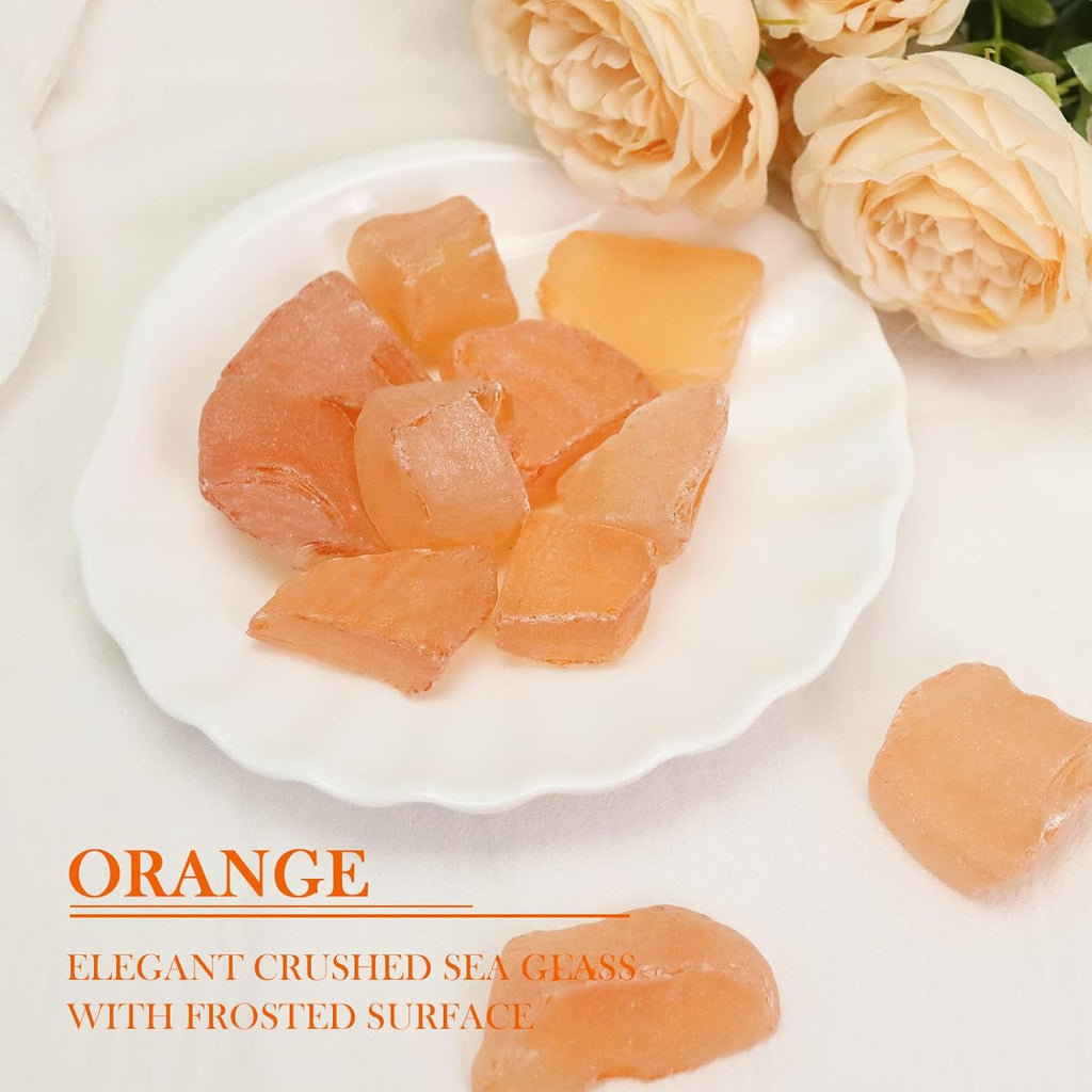 5LB Frosted Sea Glass Vase fillers Crushed Glass, Sea Glass Decor Ideal for DIY Craft, Aquarium Gravels, Home Decor Crushed Sea Glass Pieces for Beach Wedding, 0.7-3 Inch Orange Yellow