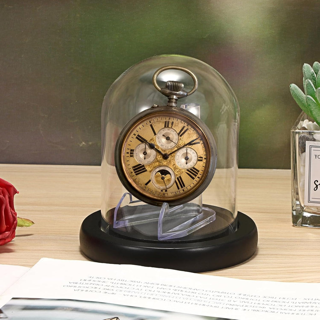 JUXYES Clear Watch Glass Display Dome Cloche with Display Stand, Clear Terrarium Jar Cloche Bell with Wooden Base, Glass Display Dome for Pocket Watches Medals Coins Ornaments