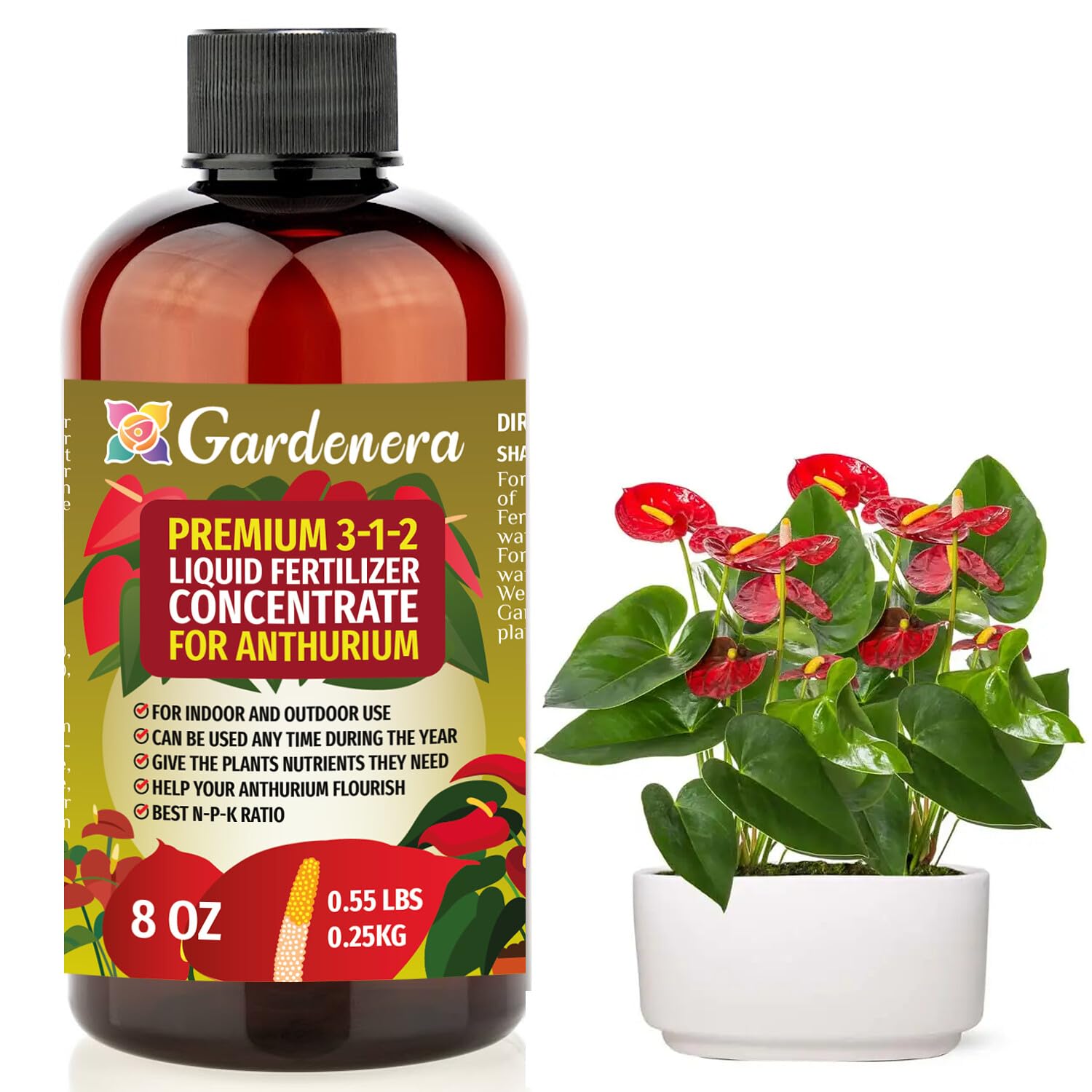 Gardenera Premium Liquid ANTHURIUM Fertilizer - 3-1-2 Concentrate for Indoor Plants and Flowers - Organic Plant Food - 8oz