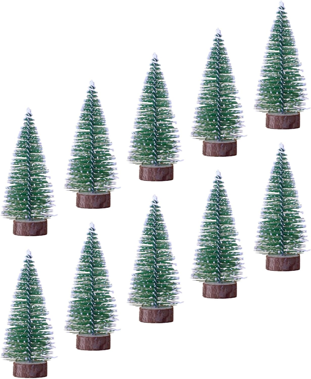 10pcs 4inch Mini Christmas Tree Bottle Brush Trees Chrismas Village Trees Ornaments Snow Mini Plastic Christmas Trees with Wooden Base for Christmas Decoration Miniature Chrismas Tree