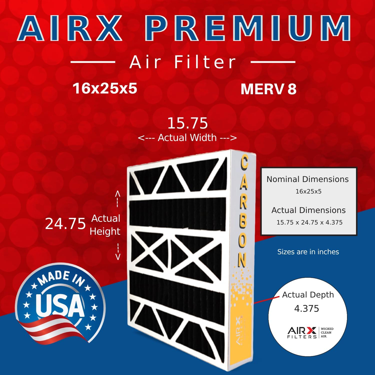AIRX FILTERS WICKED CLEAN AIR. 16x25x4 Air Filter Odor Eliminator Carbon Filter MERV 8 Compatible with Honeywell FC100A1029 EXPXXFIL0016 2 Pack