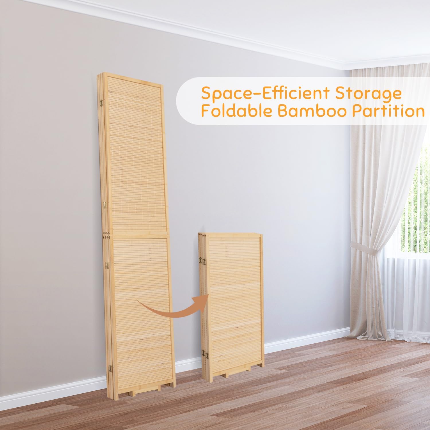 Bamboo Room Divider Folding Privacy Screens, Wall Divider for Room Separation, Portable Room Partitions and Dividers, 5.6FT Bamboo Mesh Woven Room Divider Panel (Beige, 4 Panel)