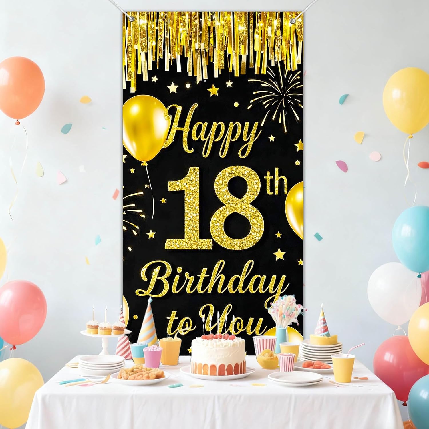 IVN 18th Birthday Door Cover 71x35 Inch Black Gold Birthday Banner for Party Decorations Balloons Stars Fireworks Backdrop Sign for Men Women Photo Booth Prop Wall Decor