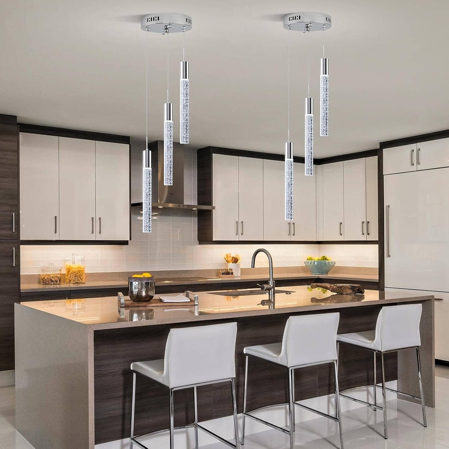 Modern Crystal Chandelier 3-Lights, Spiral LED Raindrop Kitchen Island Pendant Lighting, Bubble Foyer Dinimg Room Hanging Light Fixture Remote Control Chrome