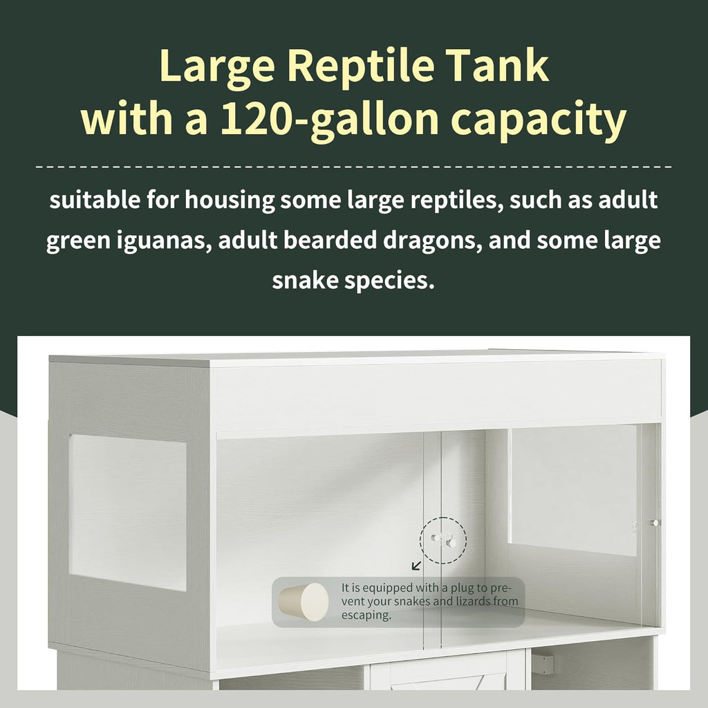 120 Gallon Terrarium with Stand, 4x2x2 Reptile Enclosure Tank for Bearded Dragons Snakes Lizards, Large Vivarium Habitat with Storage & Power Strip White PX07RTW