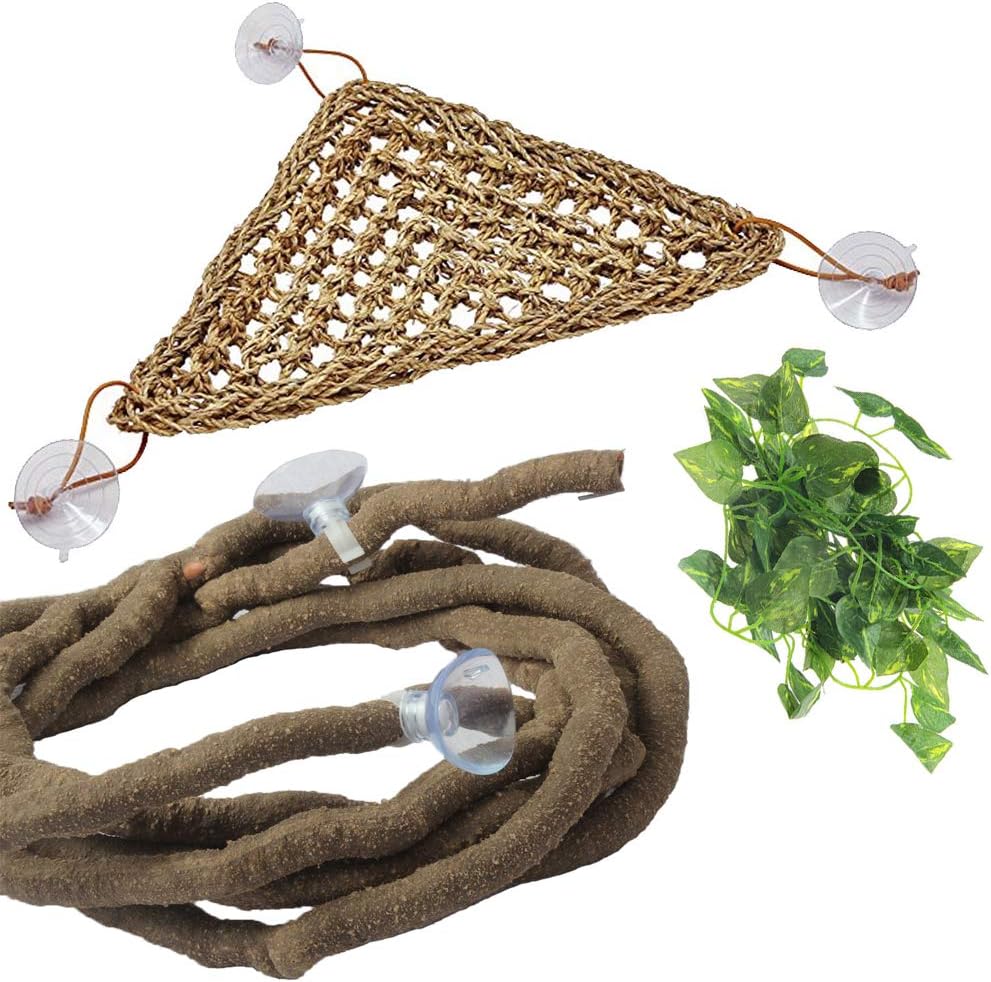 PINVNBY Bearded Dragon Hammock, Bearded Dragon Tank Accessories, Jungle Climber Vines Flexible Reptile Terrarium Leaves with Suction Cups Habitat Decor for Chameleon, Lizards, Gecko, Snakes（3 PCS）