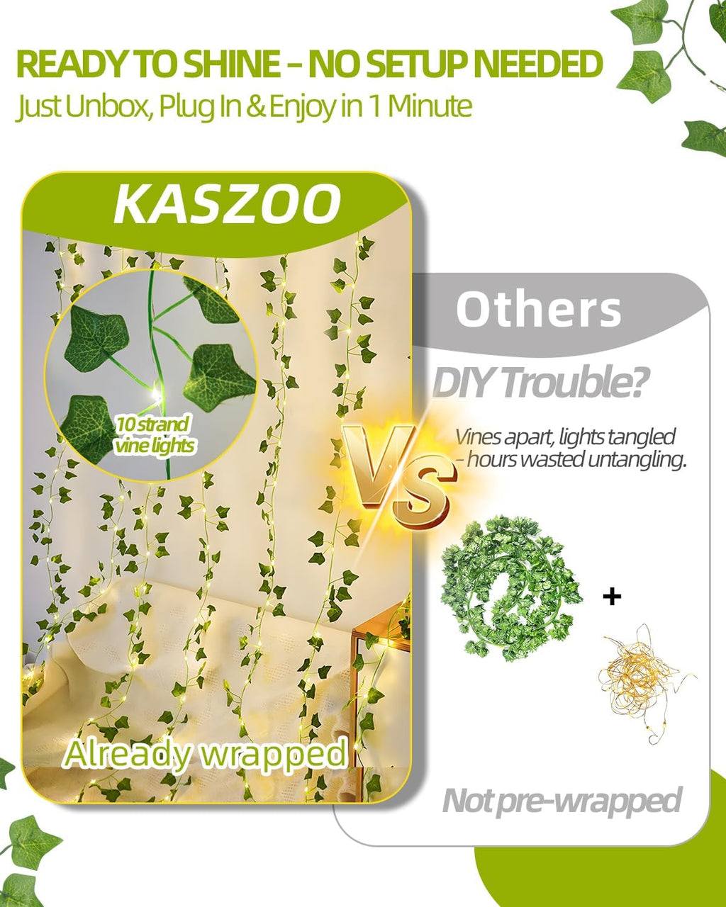 KASZOO Vines with Fairy Lights for Bedroom - 200 LED Ivy Curtain Wall Vines for Wedding, Party, Dorm, Indoor & Outdoor Use, 6.5ft x 6.5ft