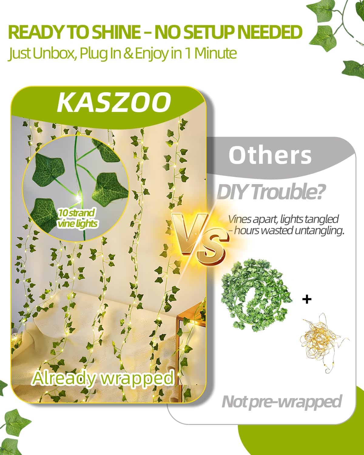 KASZOO Vines with Fairy Lights for Bedroom - 200 LED Ivy Curtain Wall Vines for Wedding, Party, Dorm, Indoor & Outdoor Use, 6.5ft x 6.5ft