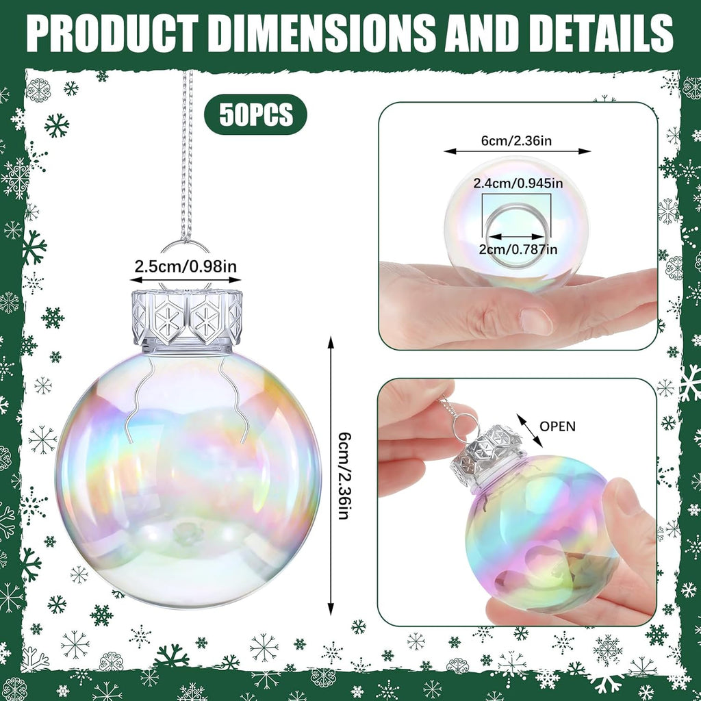 Funtery 50 Pcs Christmas Iridescent Clear Ornaments Balls Iridescent Christmas Balls for Tree Crafts Fillable Transparent DIY Hanging 2.5 Inch Rainbow Ball for Holiday Decor (Iridescence Style)