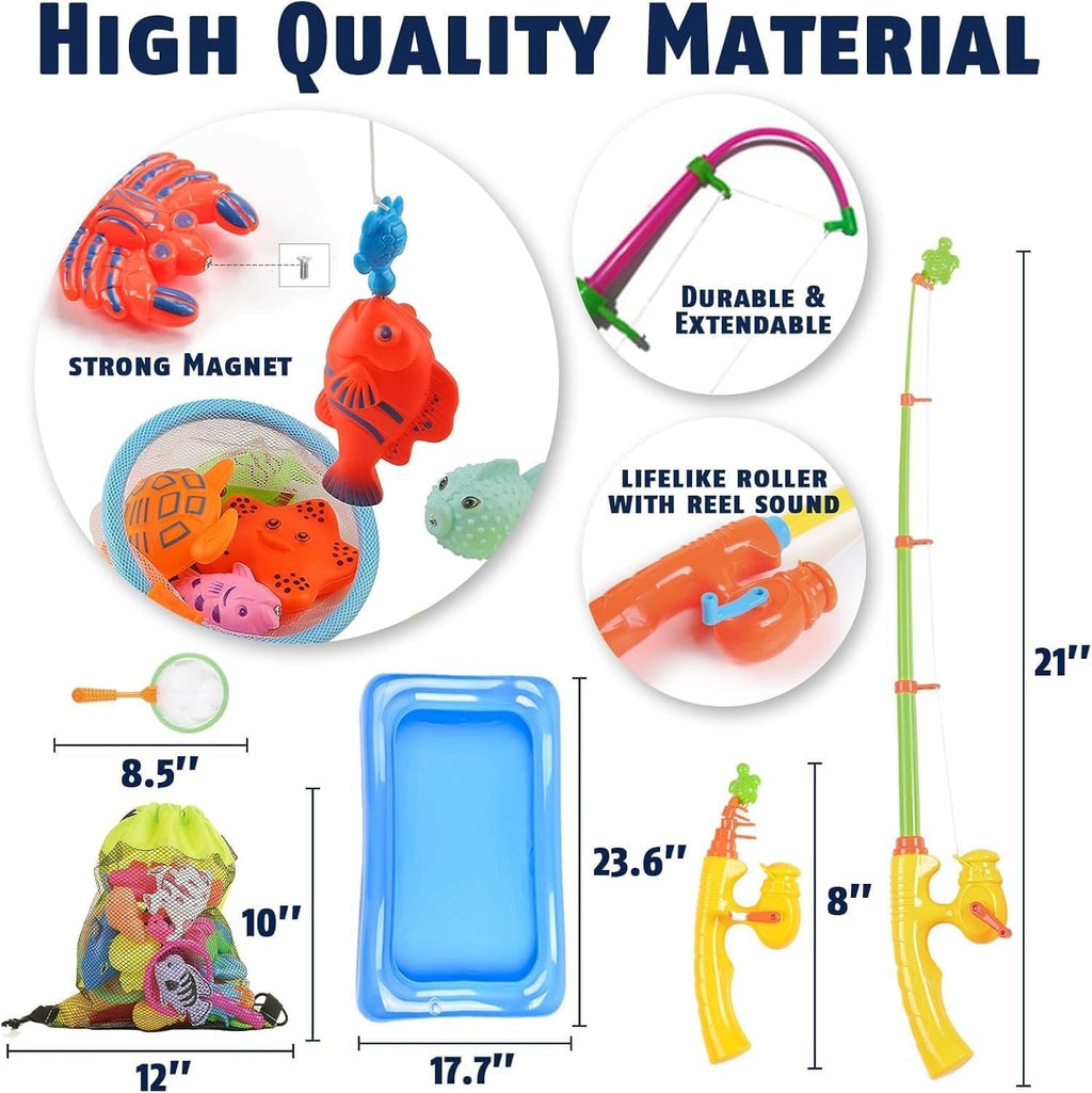 CozyBomB™ Magnetic Fishing Toys Game Set for Kids | Water Table Bathtub Kiddie Pool Party Pole Rod Net, Outdoor Plastic Floating Fish, Toddler Bath Color Ocean Sea Animals Birthday Gift Age 3-5 6 4-8