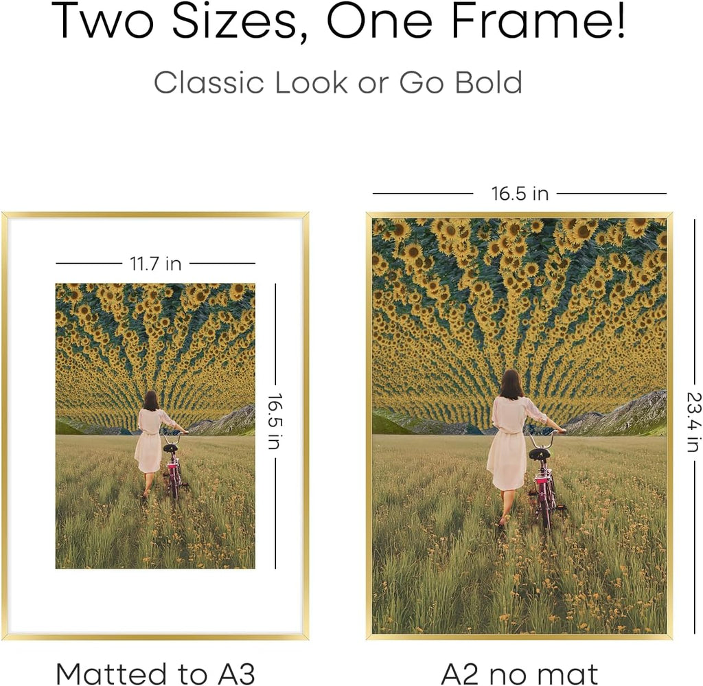 Homeoforia A2 Picture Frame Gold, High End Metal 16.5 x 23.5 inches Poster Frames with Mat 11.7 x 16.5 for Photo, A2 Size Frame Matted to A3 Print, 16.5 by 23.4 Hanging Frame, Tempered Glass, Set of 3