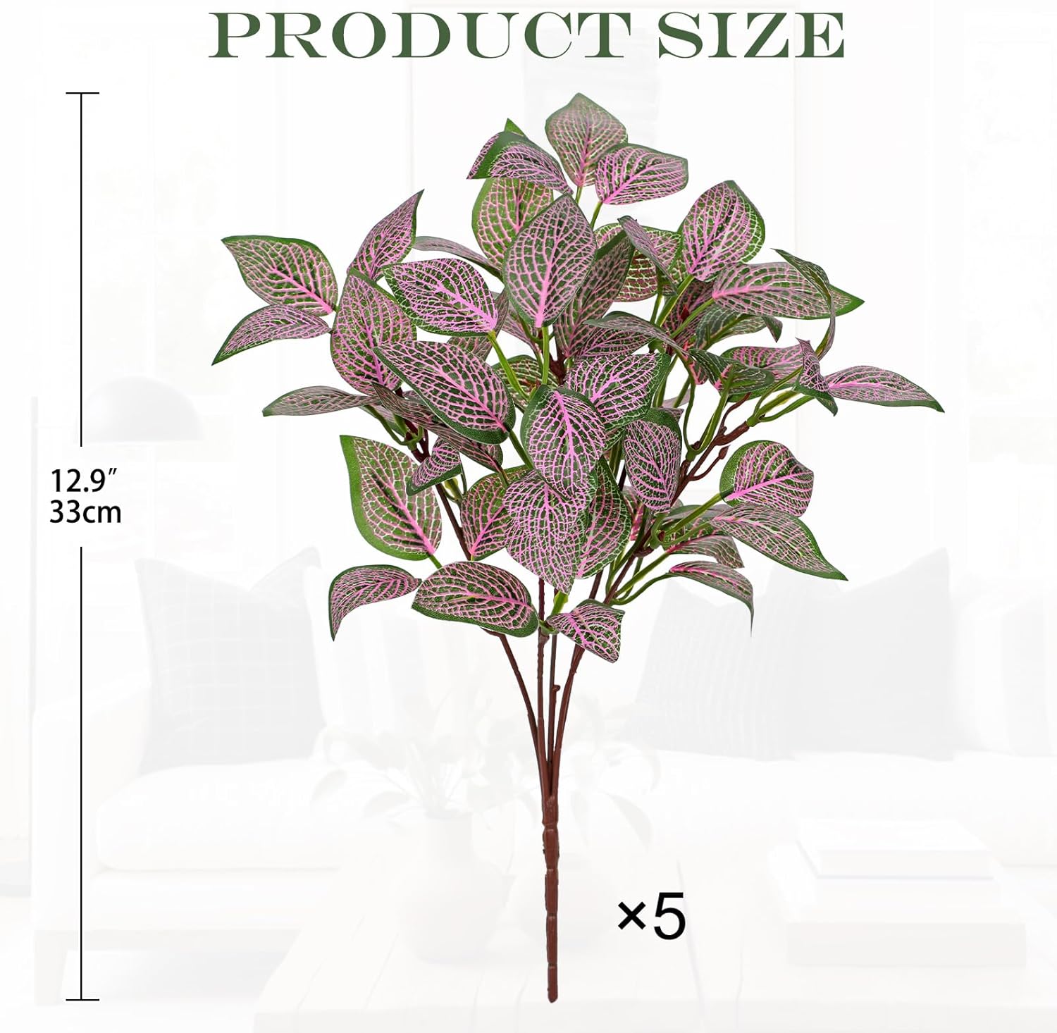 Hollyone 5 Bundles Artificial Greenery Plants Stems Faux Fittonia Leaves Plant Bouquet Fillers for Arrangement, Fake Shrub Bushes Plants for Home Centerpiece Indoor Outdoor Garden Patio Porch