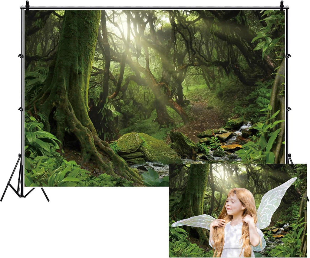 Renaiss Enchanted Jungle Forest Backdrop Fabric Greenery VBS Primary Forest Photography Background Rainforest Scenery Photo Backdrop Kids Adults Birthday Baby Shower Camping Decorations 5x3ft