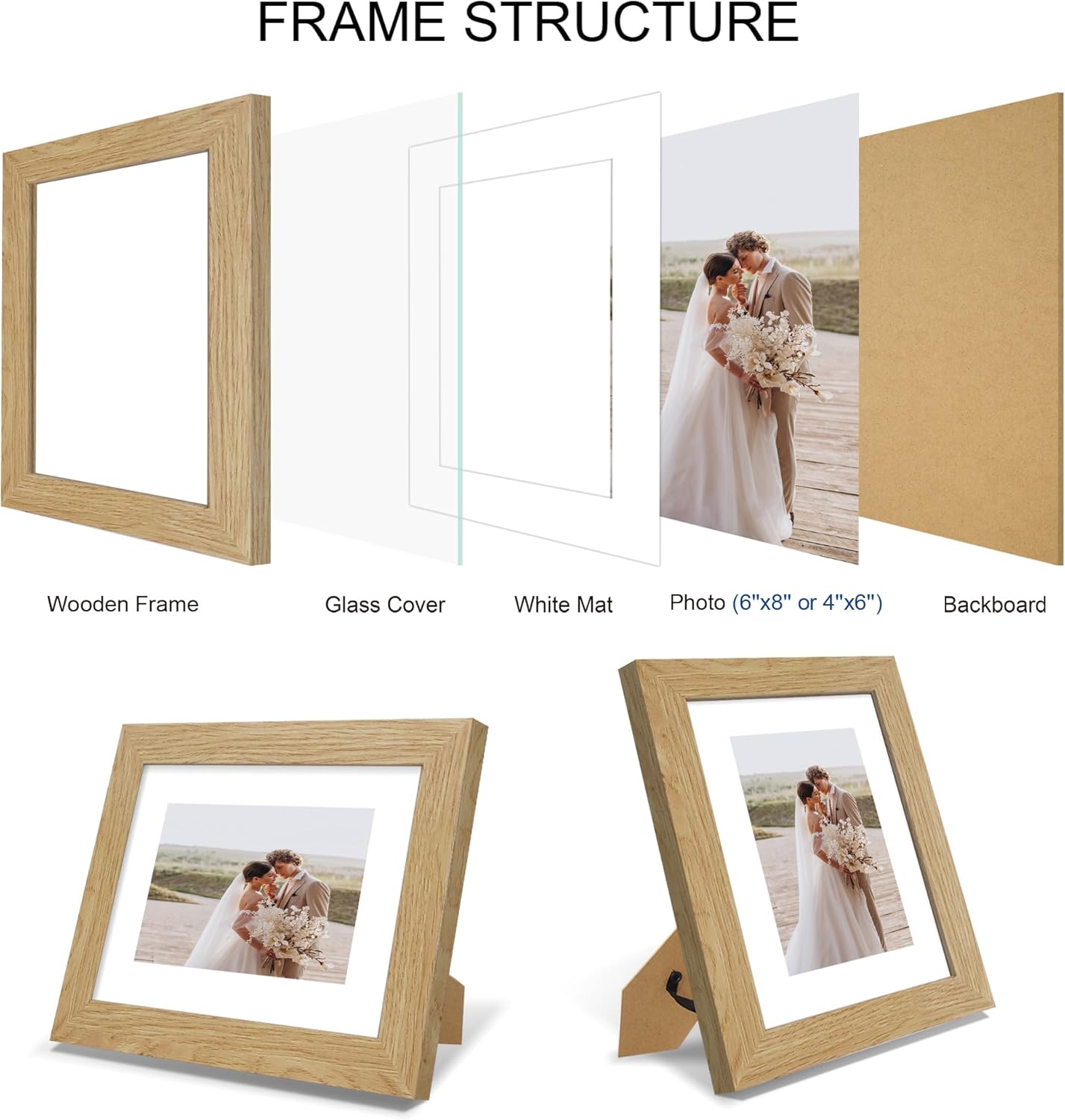 6x8 Picture Frame Set of 4, Made of Real Glass and Natural Oak Frame - Display Picture 4x6 with Mat or 6x8 Without Mat, 6 by 8 Photo for Wall or Tabletop