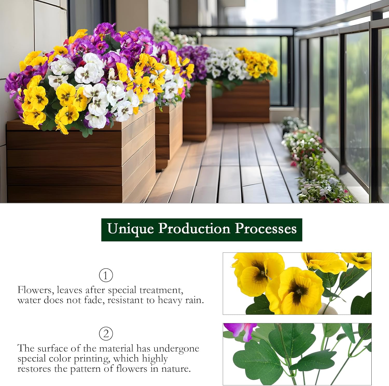 Hananona 24 Pcs Artificial Outdoor Flowers, Faux Silk Pansy Plants for Outside UV Resistant Spring Pansies Flower for Home Planter Porch Patio Yard Decor (24, Yellow, White, Purple)