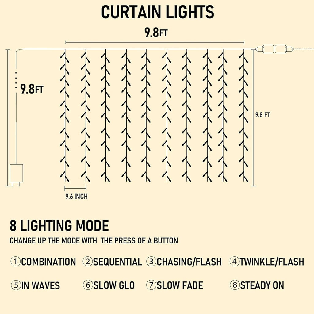 Dazzle Bright 300 LED Curtain String Lights, Christmas Fairy Lights for Bedroom with 8 Lighting Modes, Connectable Waterproof Window Lights Party Wedding Garden Wall Decor, Multi-Colored