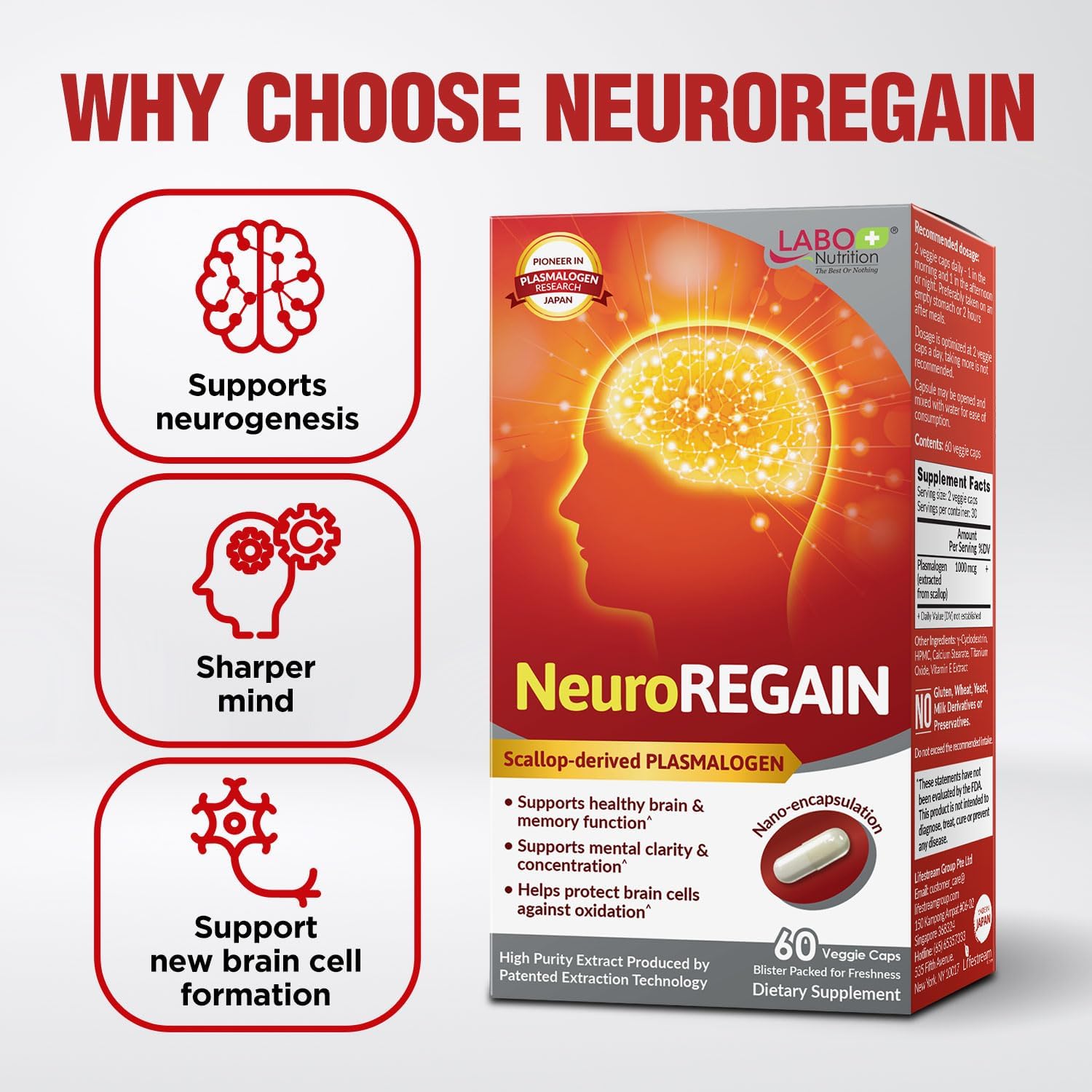 LABO Nutrition NeuroREGAIN - Scallop-derived PLASMALOGEN for Brain Deterioration, Memory, Alertness, Learning, Concentration and Other Cognitive Functions – Suitable for Seniors, Adult Men & Women x3