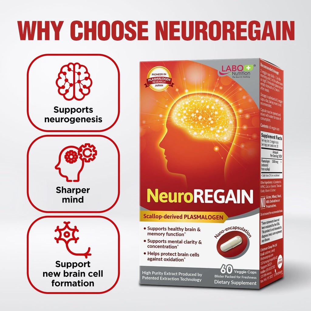 LABO Nutrition NeuroREGAIN - Scallop-derived PLASMALOGEN for Brain Deterioration, Memory, Alertness, Learning, Concentration and Other Cognitive Functions – Suitable for Seniors, Adult Men & Women