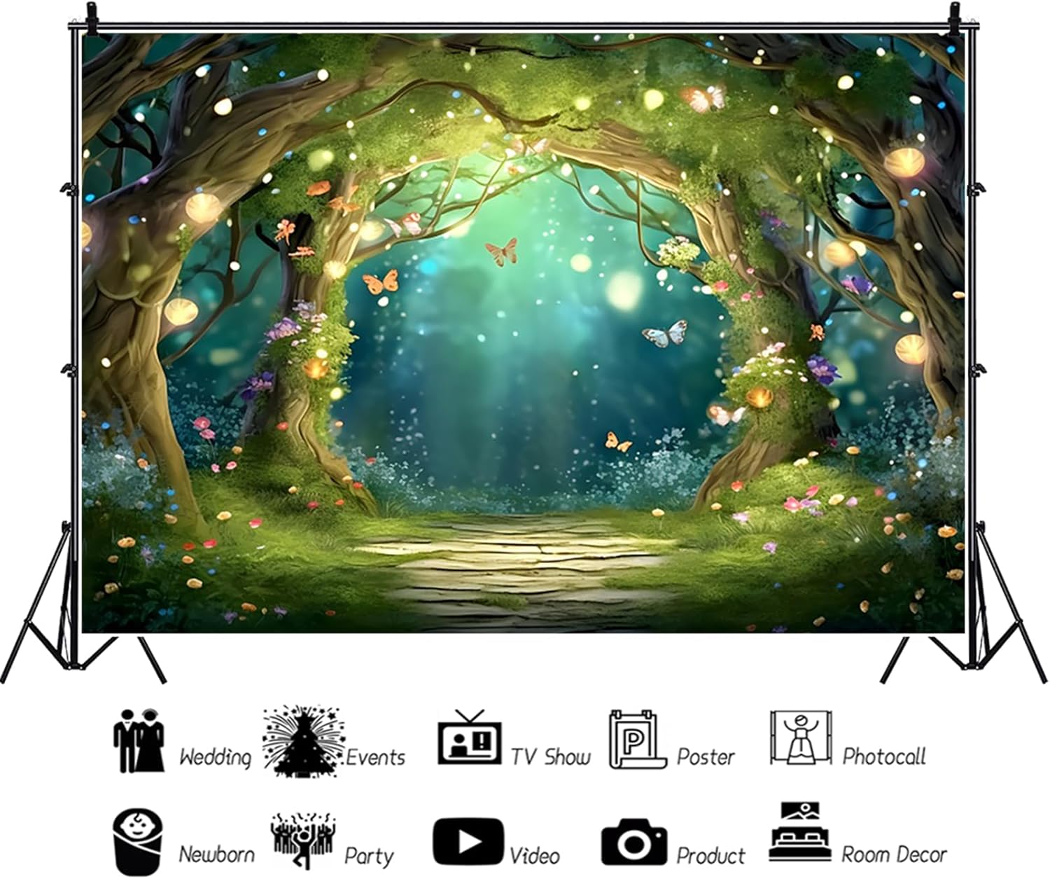 5x3ft Spring Enchanted Forest Backdrop Fairy Tale Wonderland Photography Background Butterfly Flower Brick Road Banner Decorations Newborn Baby Shower Birthday Party Photo Booth Props