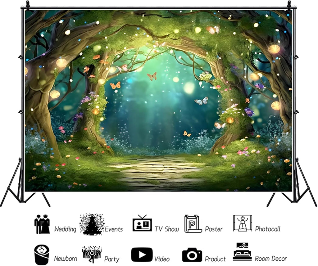 15x10ft Spring Enchanted Forest Backdrop Fairy Tale Wonderland Photography Background Butterfly Flower Brick Road Banner Decorations Newborn Baby Shower Birthday Party Photo Booth Props