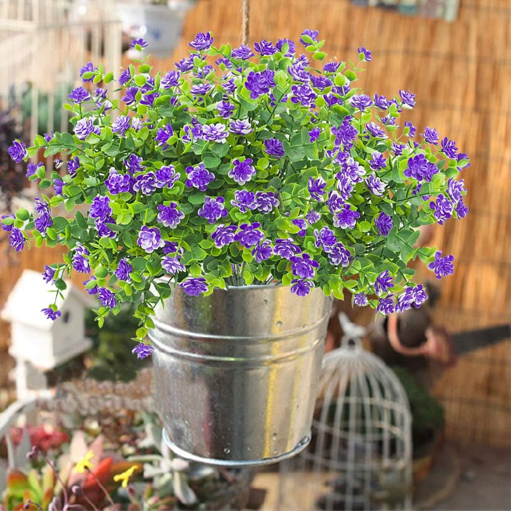 10 Bundles Artificial Fake Flowers, Faux Outdoor Plastic Plants UV Resistant Shrubs Outside Indoor Decorations (Blue-Eucalyptus)