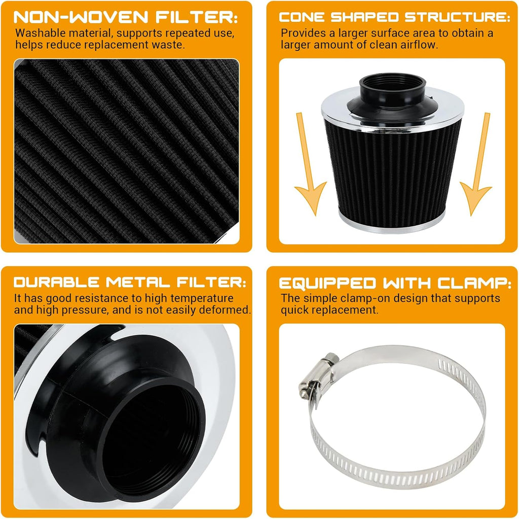 PTNHZ Universal Balck 2.5" 63mm High Flow Cold Air Intake Cone Air Filter Power Intake Air Inlet System Air Cleaner