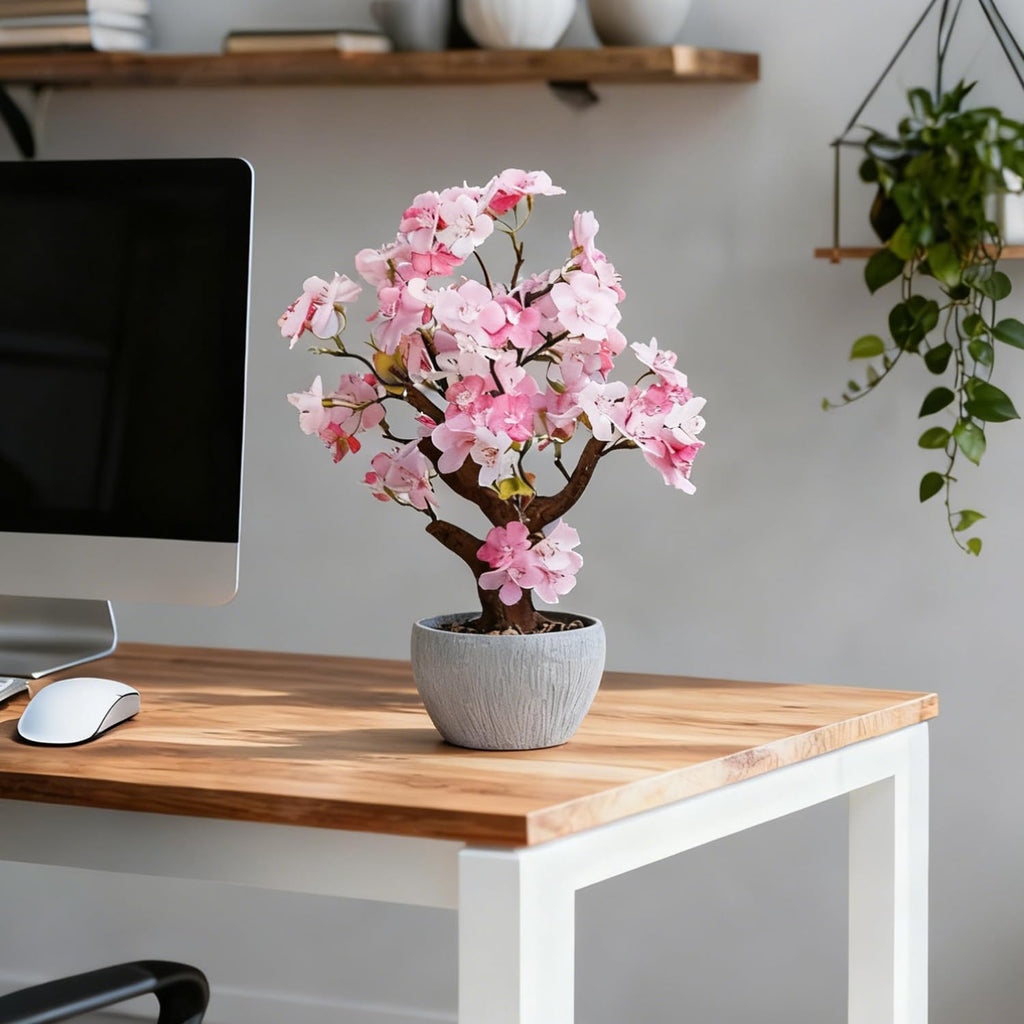 TOARTi Artificial Pink Cherry Blossom Potted Plant with Stone Pot, 13.4" Tall Fake Flowers Faux Plant Desk Decor, Realistic Decorative Plants Indoor Decor for for Home Bedroom Bathroom Office Desk
