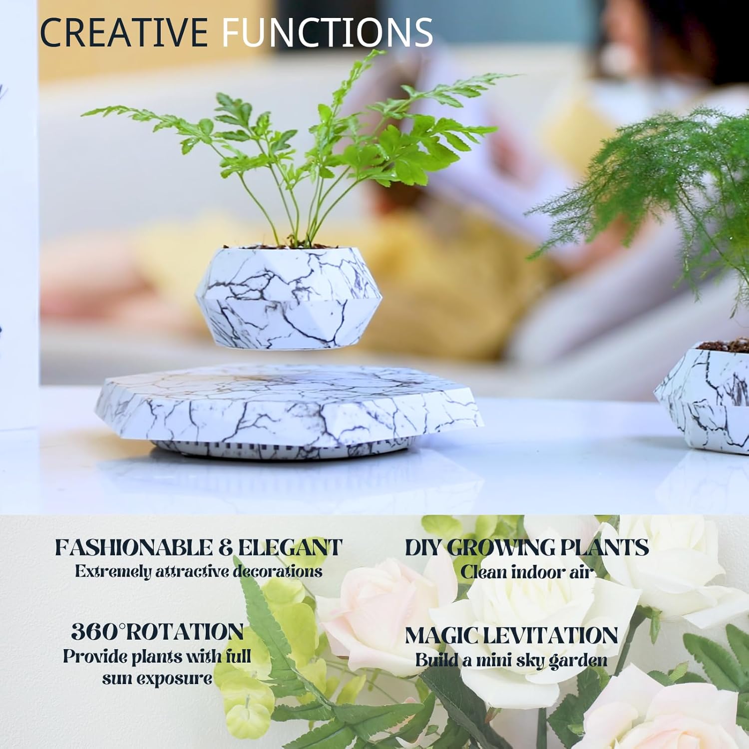 MOOCCI Floating Plant Pot - Magnetic Levitating Plant Pot for Succulents, Air Bonsai and Fake Flowers and Plants, Unique Decor for Home, Office and Desk, Father's Day (Marble)