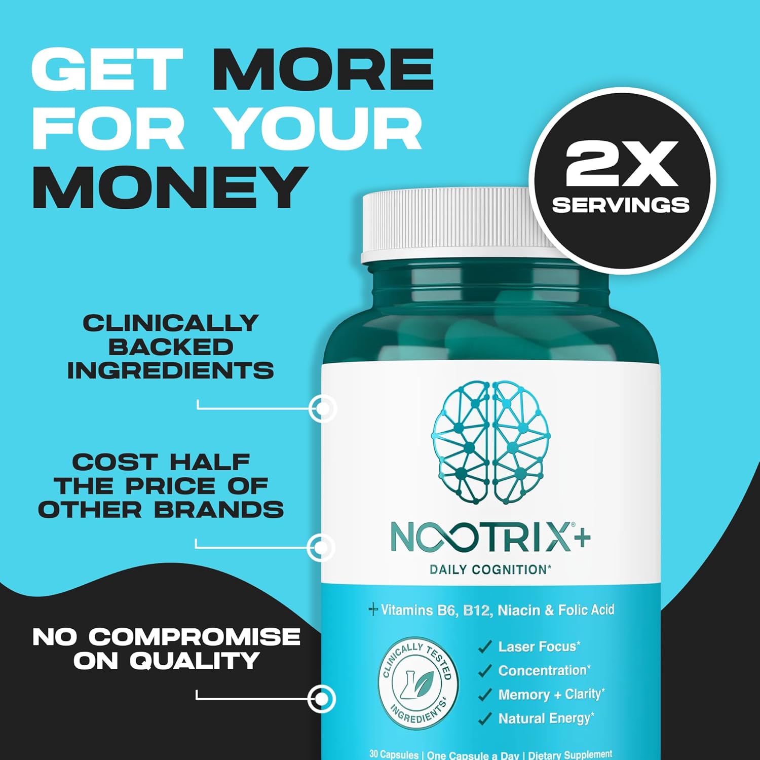 Nootrix Brain Plus Nootropic Supplement | Supports Memory, Mental Focus, Cognitive Health & Energy | Promotes Healthy Mood & Brain Function | Vitamin B1, Vitamin B6 & Vitamin B12 | 30 Capsules