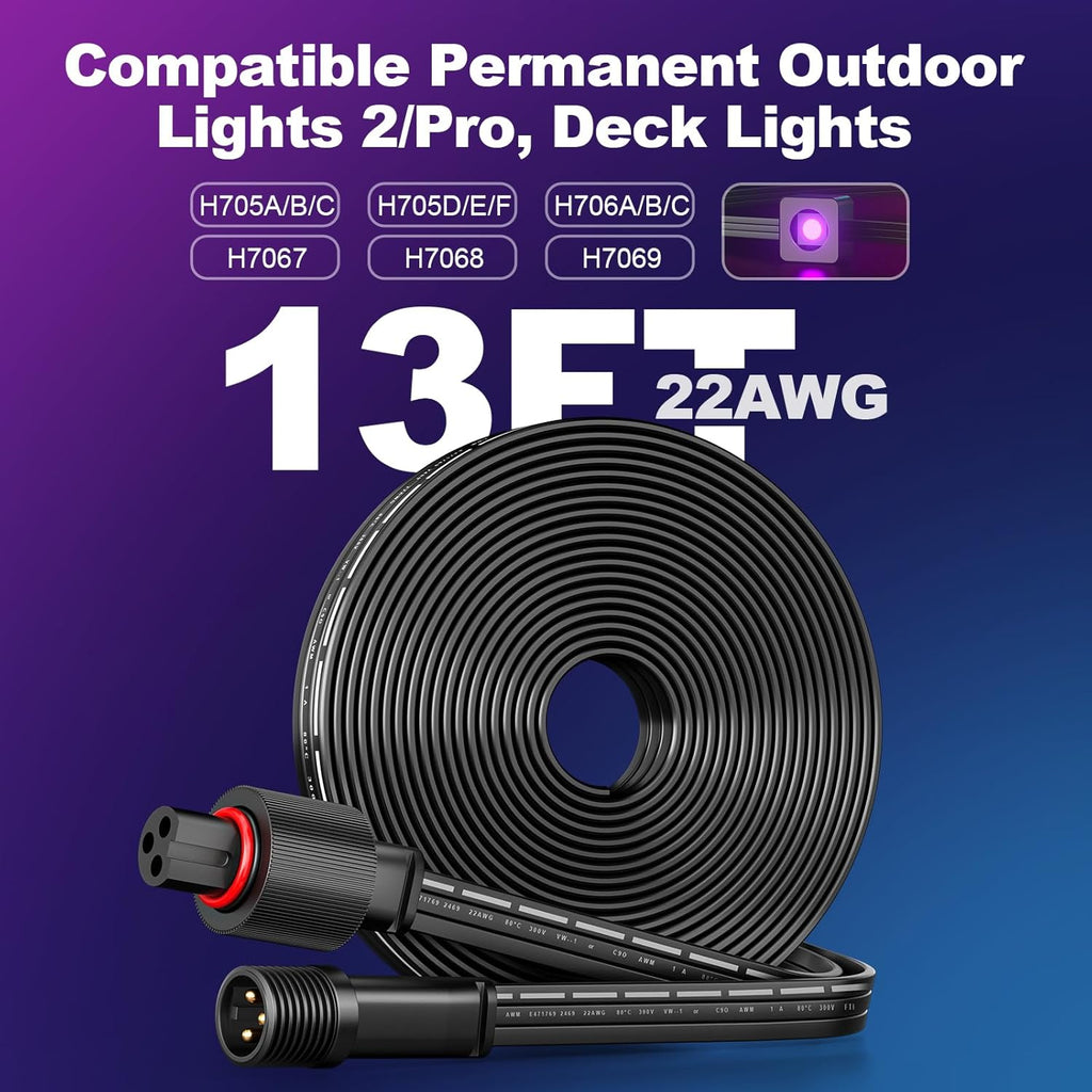 Permanent Outdoor Lights Extension Cable,H705A H705B H705C H706A H706B H706C,3 Pin Power Cord, Compatible with Go-ee Permanent Outdoor Lighting Systems (Black 13FT Extension Cable)