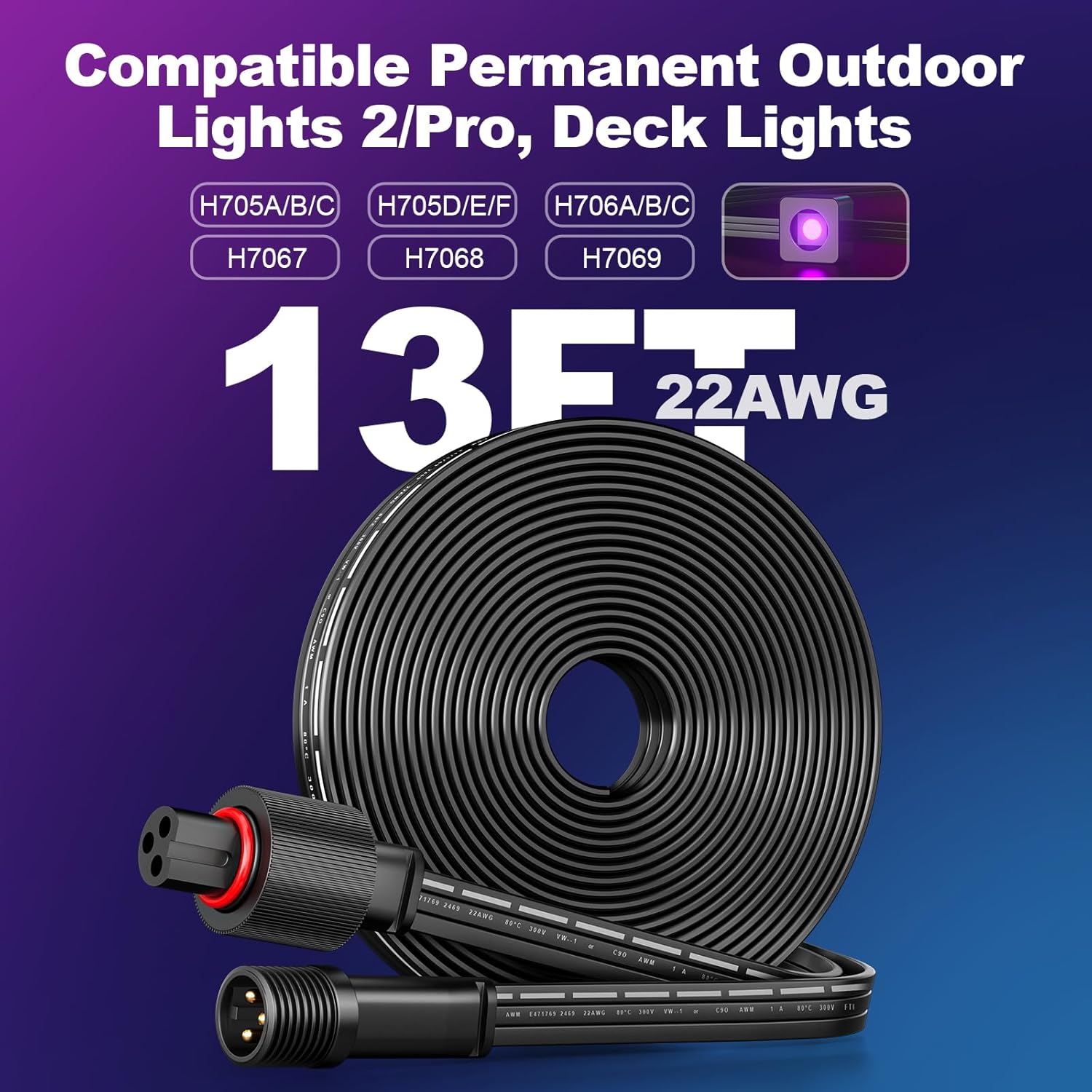 Permanent Outdoor Lights Extension Cable,H705A H705B H705C H706A H706B H706C,3 Pin Power Cord, Compatible with Go-ee Permanent Outdoor Lighting Systems (Black 13FT Extension Cable)