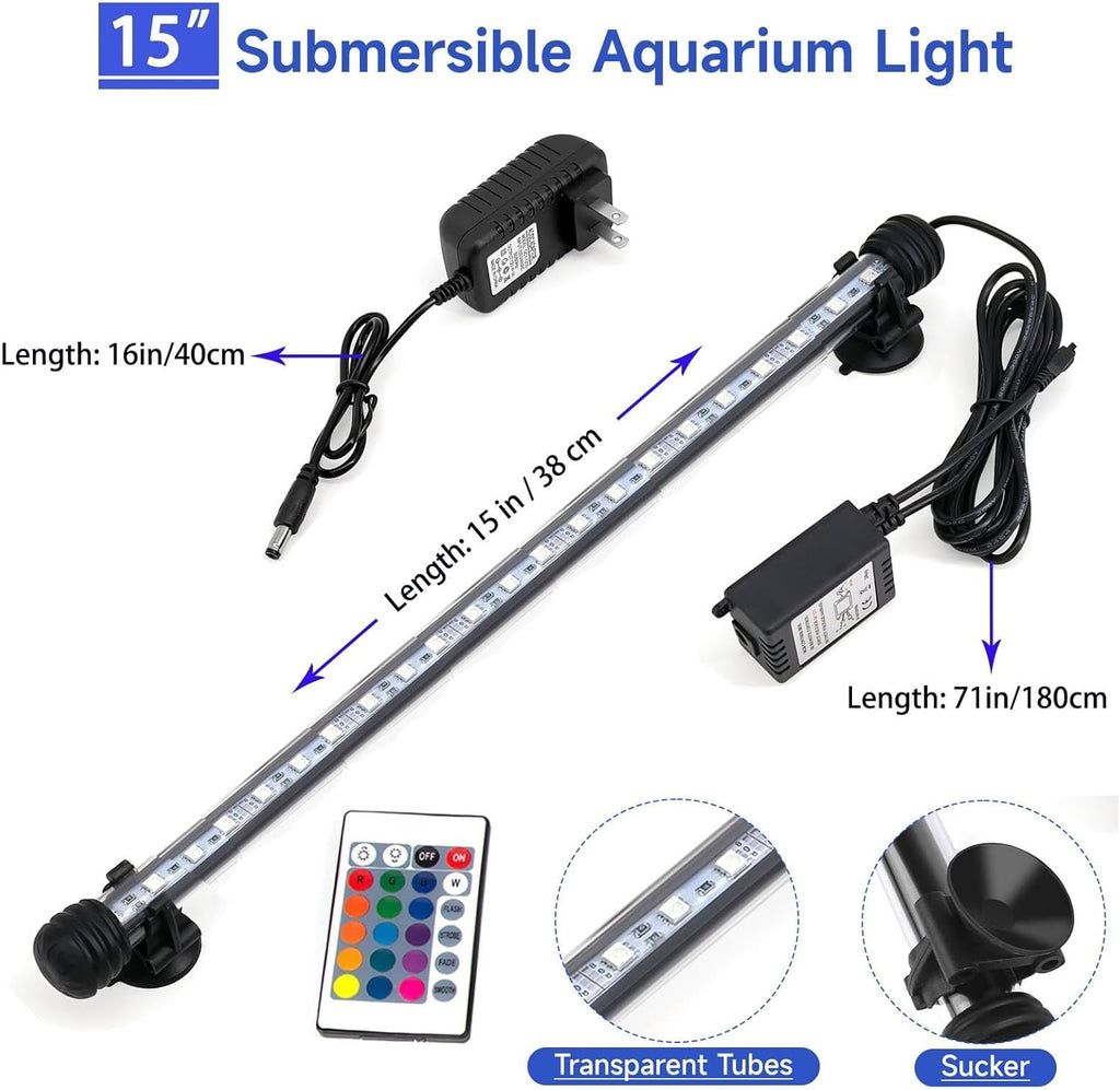 15 inch RGB Aquarium Lights, Underwater Fish Tank Lights IP68 Waterproof Color Changing Adjustable Memory Submersible Remote Control Aquarium Tank Sucker Hood Strip Waterfall Lights