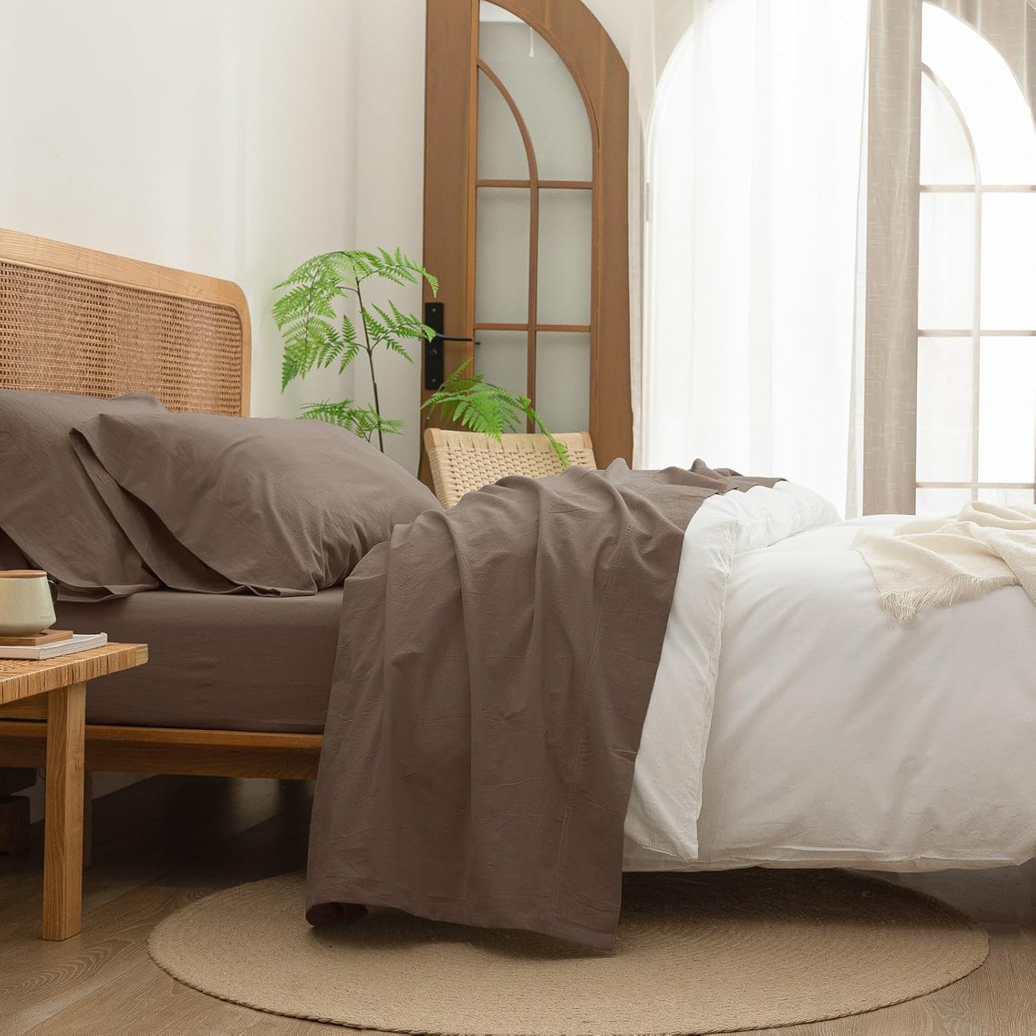 BESTOUCH Sheet Set 100% Washed Cotton Linen Feel Super Soft Comfortable Chic Lightweight 4 Pcs Home Bedding Set Solid Pine Bark Brown King
