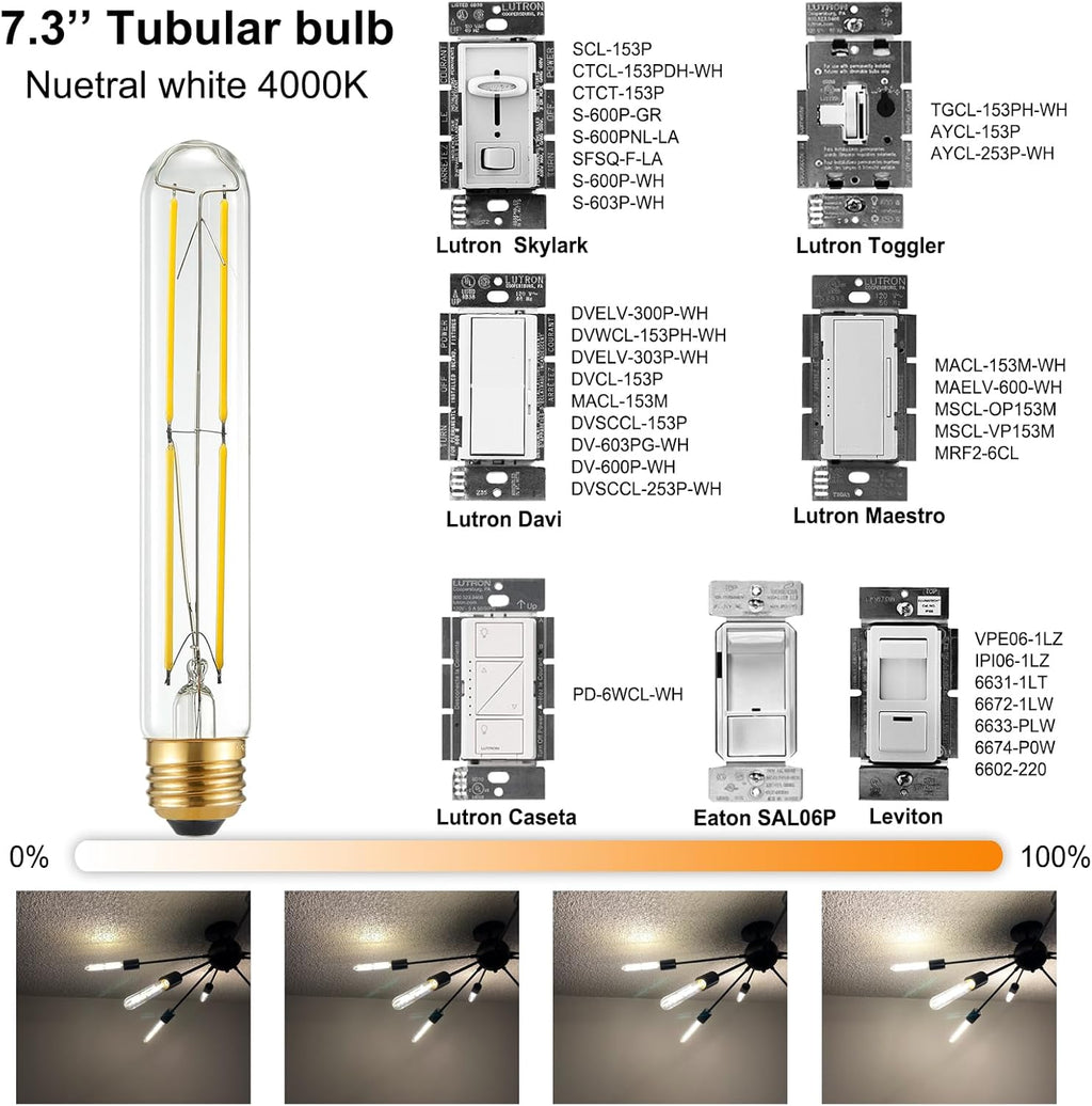 Arberlic 7.3 Inch T10 LED Bulb,6W E26 LED Bulb dimmable Equivalent E26 Bulb 60 watt,Neutral White 4000K,600lm,CRI85+,AC120V,Clear Glass Long Tubular Light Bulb,Flicker-Free,Pack of 6