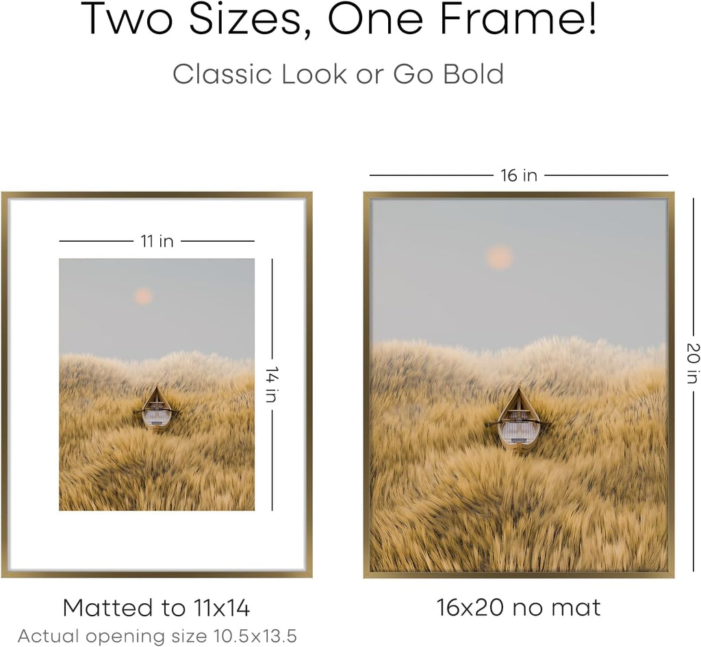 Homeforia Picture 16x20 Bronze Frame, High End Metal 16x20 Brass Poster Frames with Mat 11x14 for Photo, 16 x 20 Frame Matted to 11 by 14 Print, 20x16 Hanging Frames, Tempered Glass, Wall Kit, Set of 2