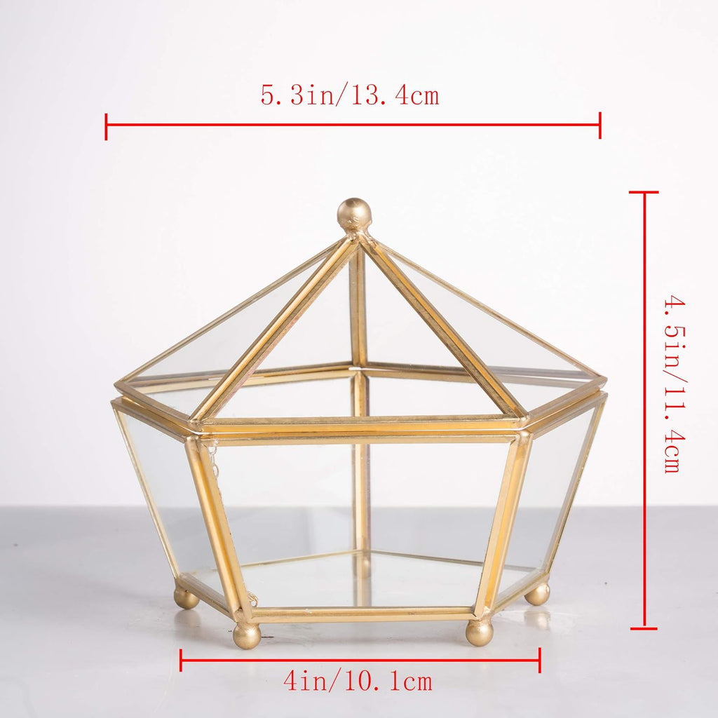 NCYP Small Geometric Vintage Glass Jewelry Box, Gold Succelent Plants Terrarium with Swing Lid, Pentagon Shape Clear Metal Brass Display Planter for Wedding Decoration (No Plants, Terrarium Only)