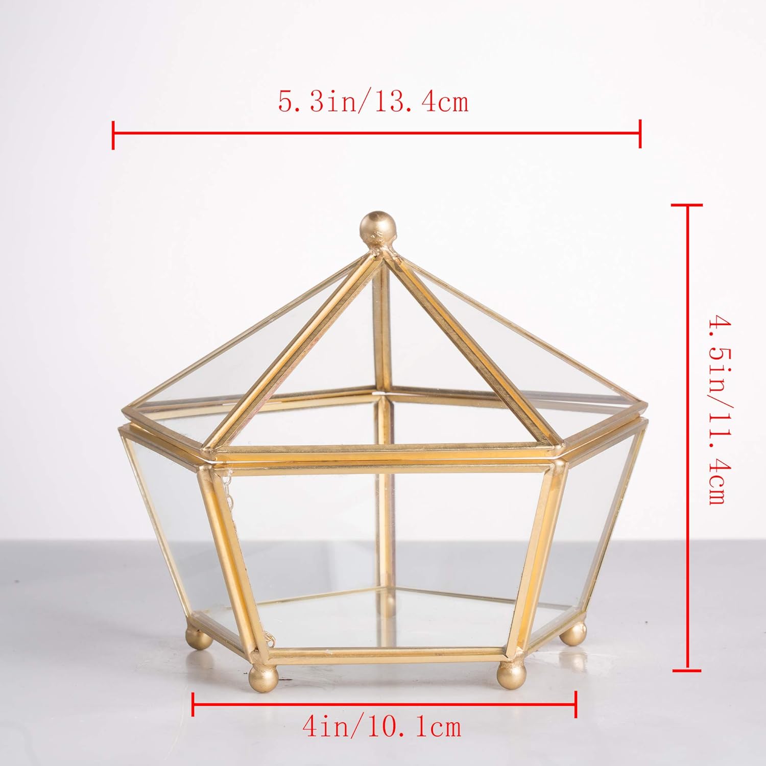 NCYP Small Geometric Vintage Glass Jewelry Box, Gold Succelent Plants Terrarium with Swing Lid, Pentagon Shape Clear Metal Brass Display Planter for Wedding Decoration (No Plants, Terrarium Only)