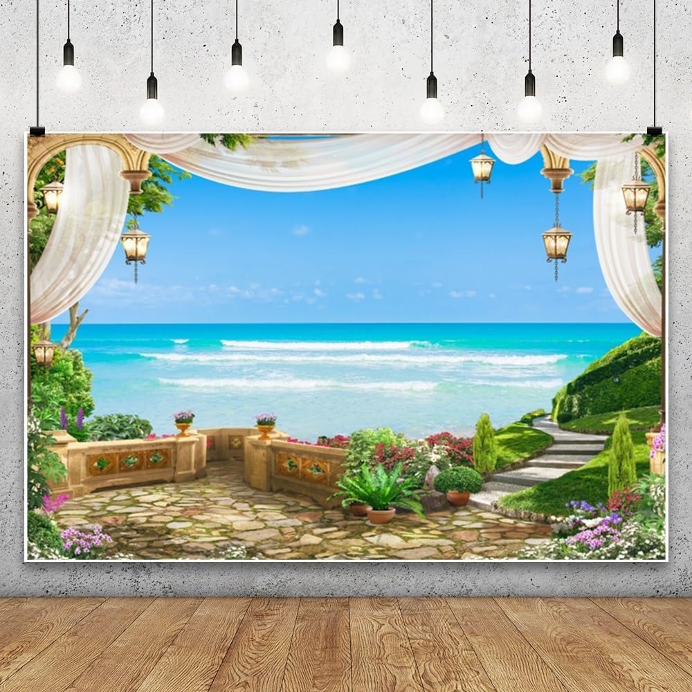 8x5ft Garden Backdrop Vintage Summer Scenery Seaside Landscape Wall Backdrop for Photography Backdrops Green Grass Flowers Blue Sea Romantic Wedding Photography Background Photo Booth Props