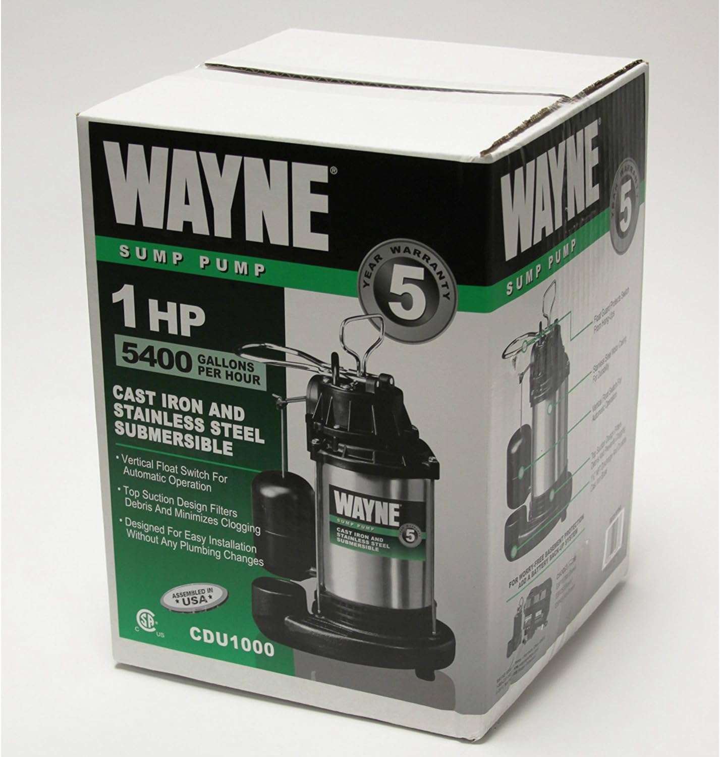 WAYNE - 1 HP Submersible Cast Iron and Stainless Steel Sump Pump with Integrated Vertical Float Switch - 6,100 Gallons Per Hour - Heavy Duty Basement Sump Pump