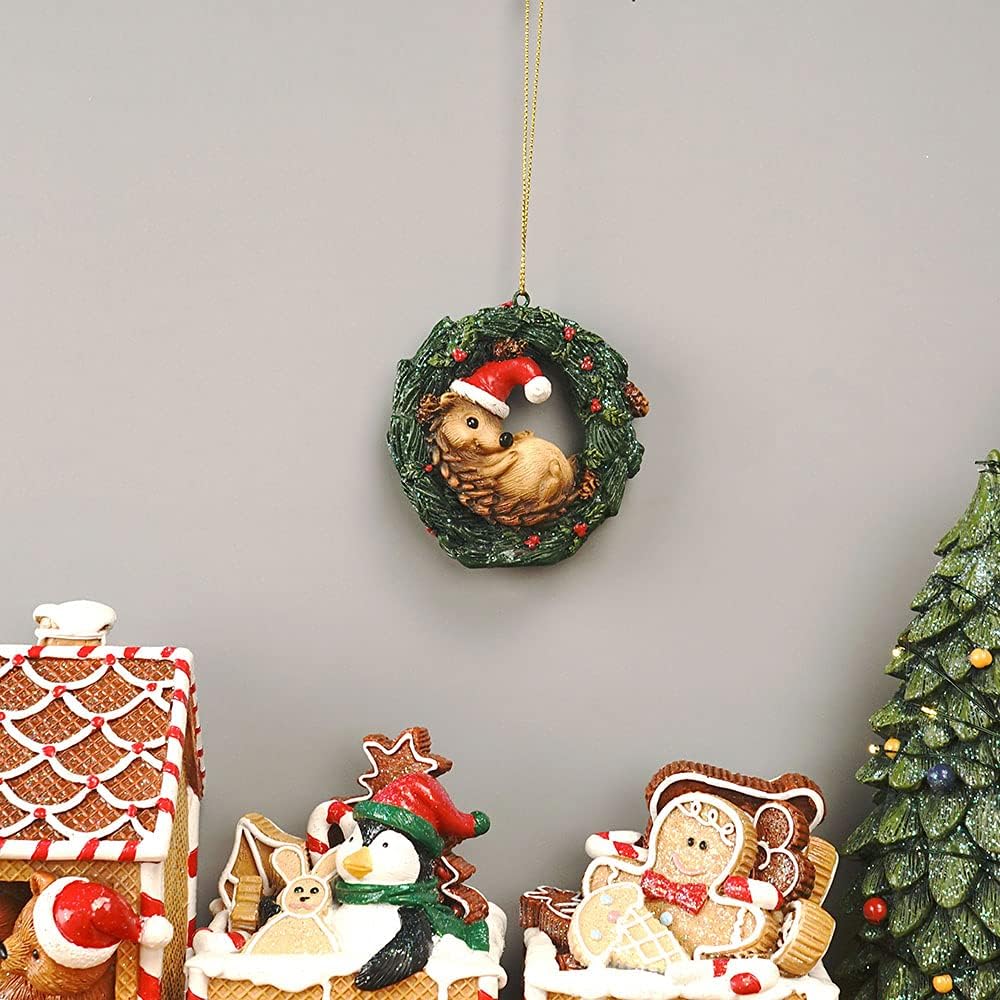 Christmas Small Animal Wreath Swing Ornament Hanging Decor for Xmas Tree Home Office Room Decoration with String (New, Hedgehog)