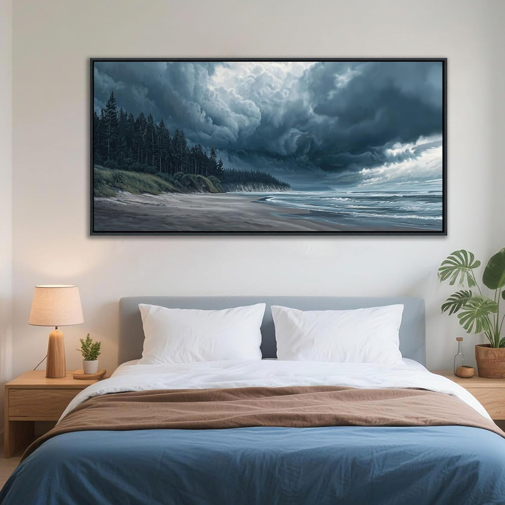 Large Wall Art Beach Canvas Decor Ocean Painting Navy Blue Picture Artwork Modern Seascape Storm Forest Decoration Framed for Living Room Bedroom Home Office Decor Size 24x48 Inches
