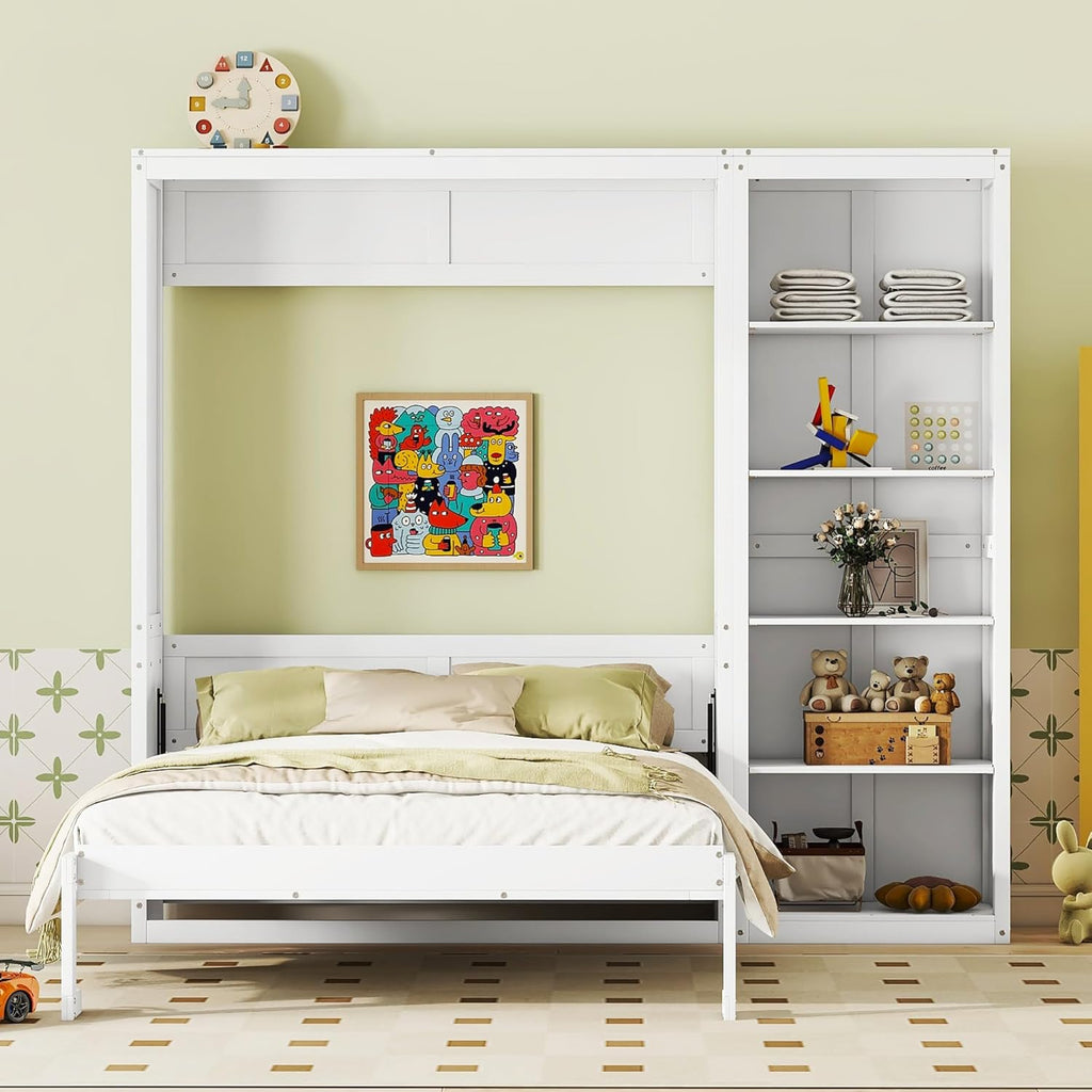 MERITLINE Queen Murphy Bed with Storage Bookcase Shelves,Wood Folding White Murphy Wall Bed Cabinet with Storage Shelves for Adults